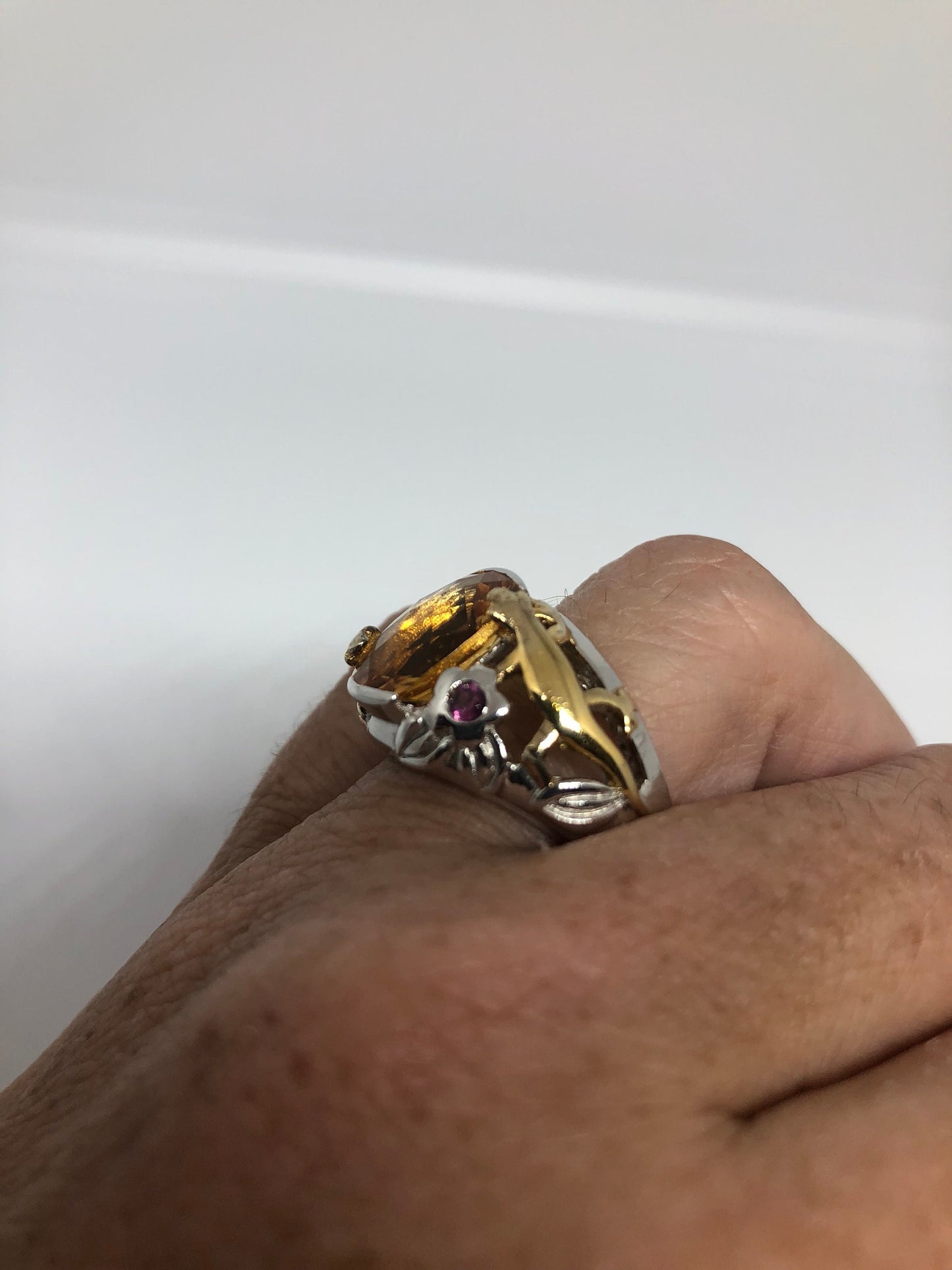 Vintage Handmade Golden Genuine Citrine Gold 925 Sterling Silver Gothic Ring