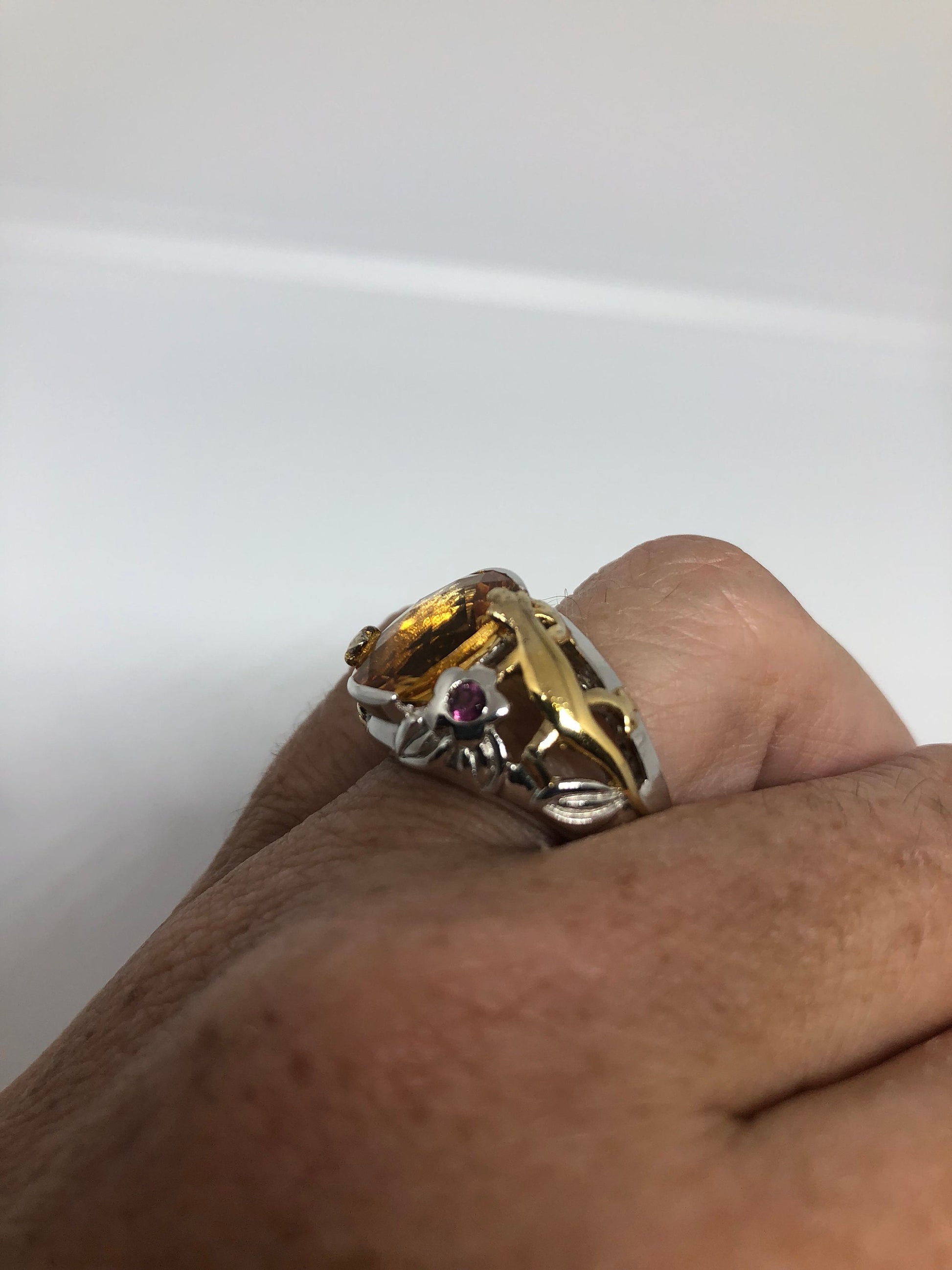 Vintage Handmade Golden Genuine Citrine Gold 925 Sterling Silver Gothic Ring