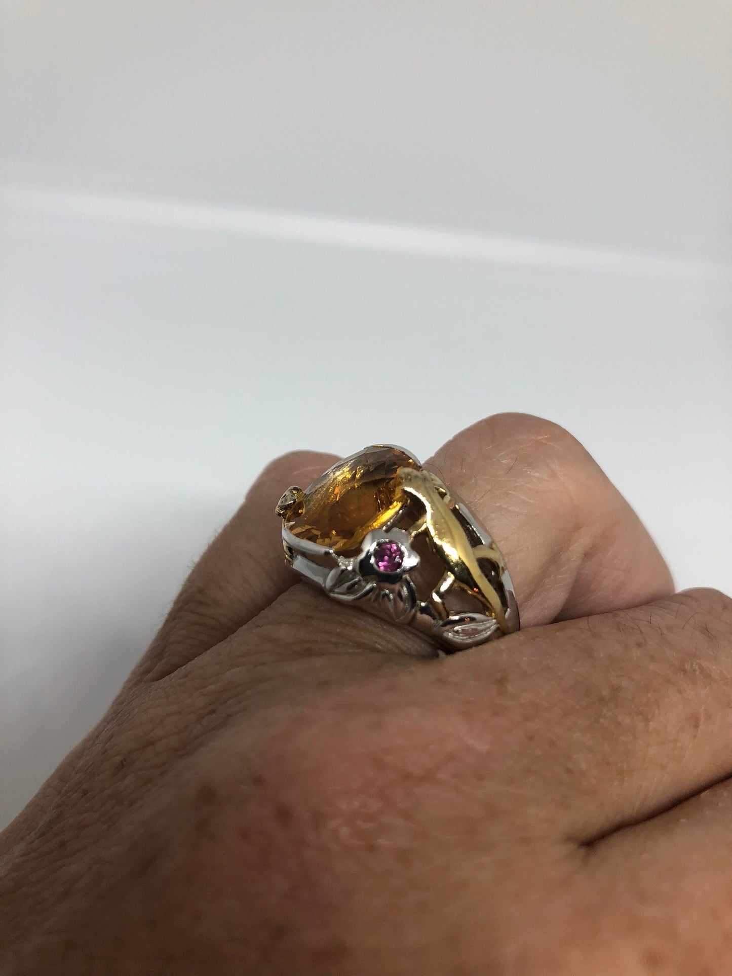 Vintage Handmade Golden Genuine Citrine Gold 925 Sterling Silver Gothic Ring