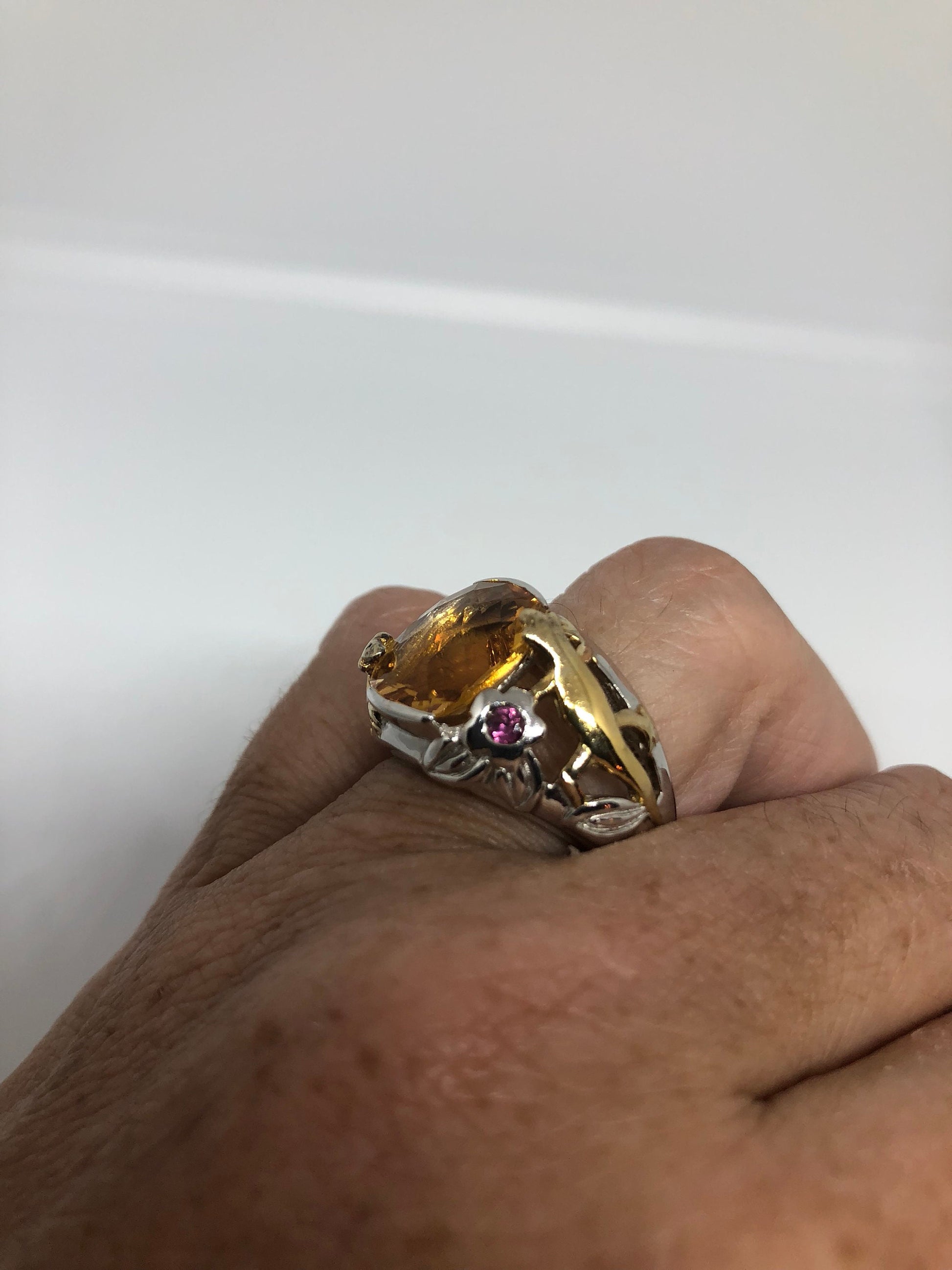 Vintage Handmade Golden Genuine Citrine Gold 925 Sterling Silver Gothic Ring