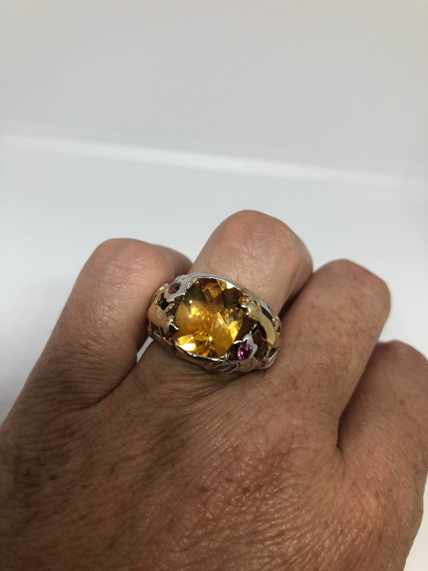 Vintage Handmade Golden Genuine Citrine Gold 925 Sterling Silver Gothic Ring