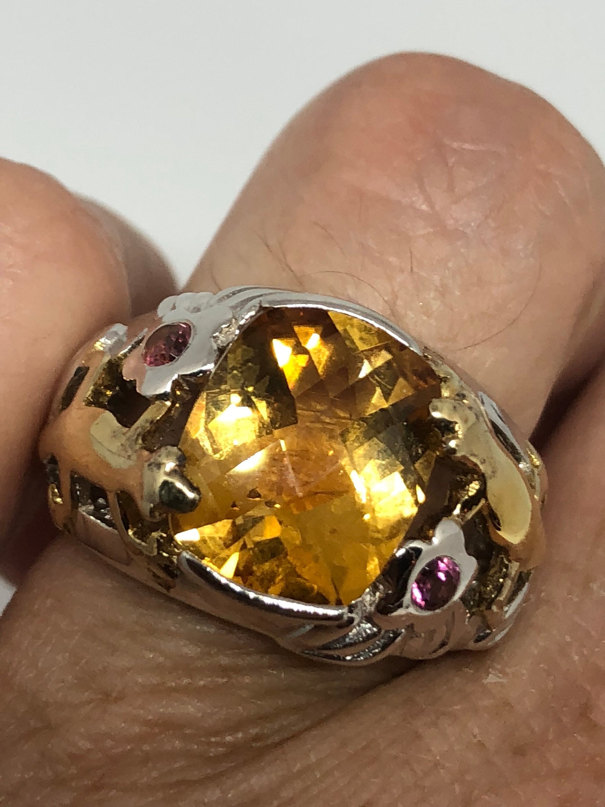 Vintage Handmade Golden Genuine Citrine Gold 925 Sterling Silver Gothic Ring