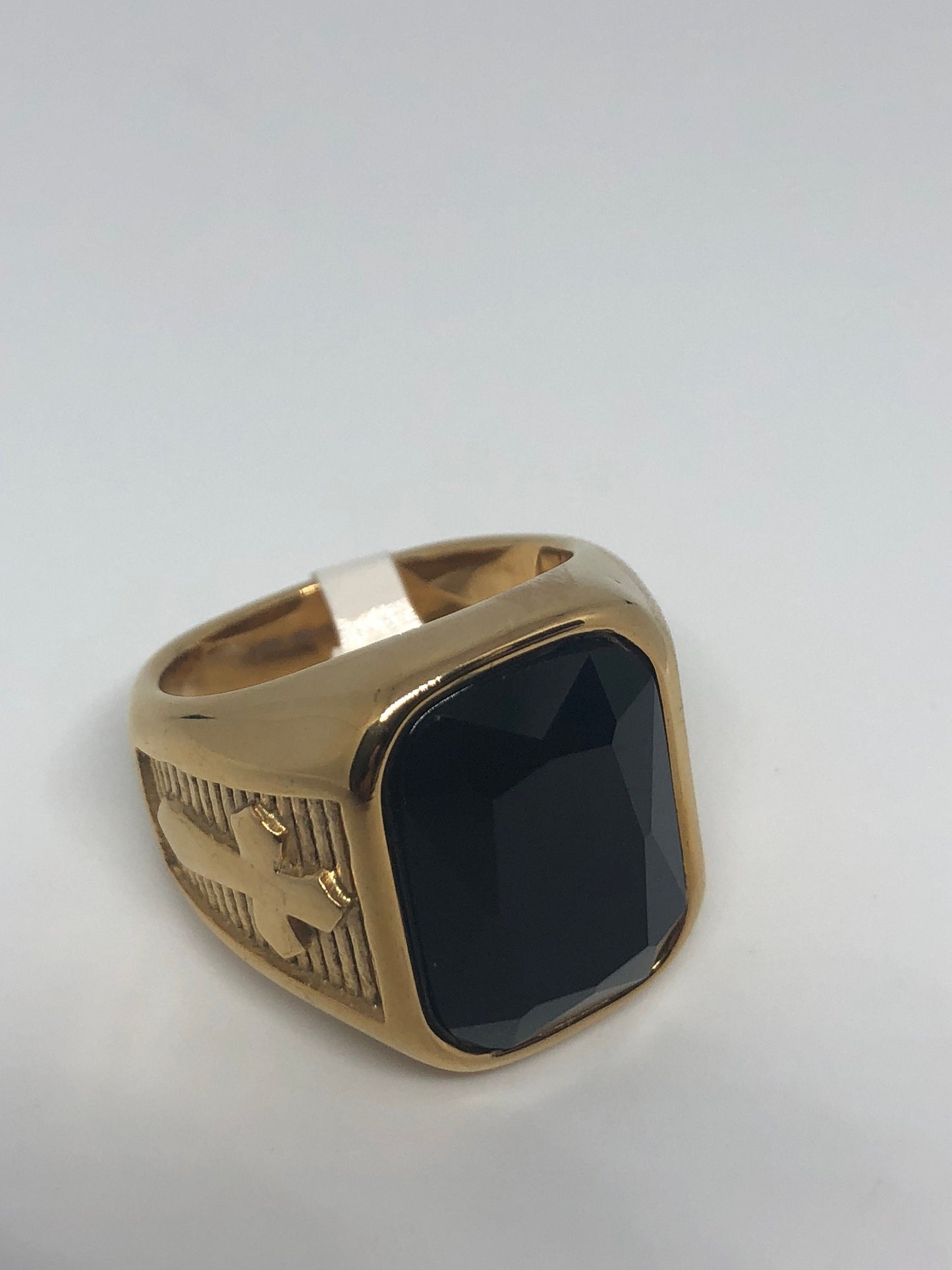 Vintage Golden Black Onyx Gothic Cross Stainless Steel Mens Ring