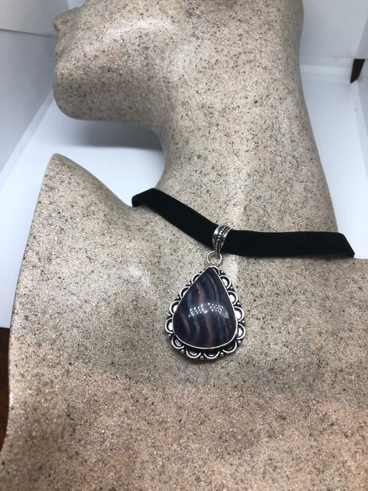 Vintage Silver Genuine Purple Flourite Gemstone Necklace.