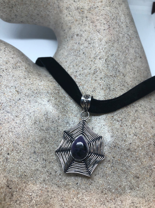 Bohemian Cabochon Cut Droplet Deep Purple Genuine Amethyst Spider Web Necklace