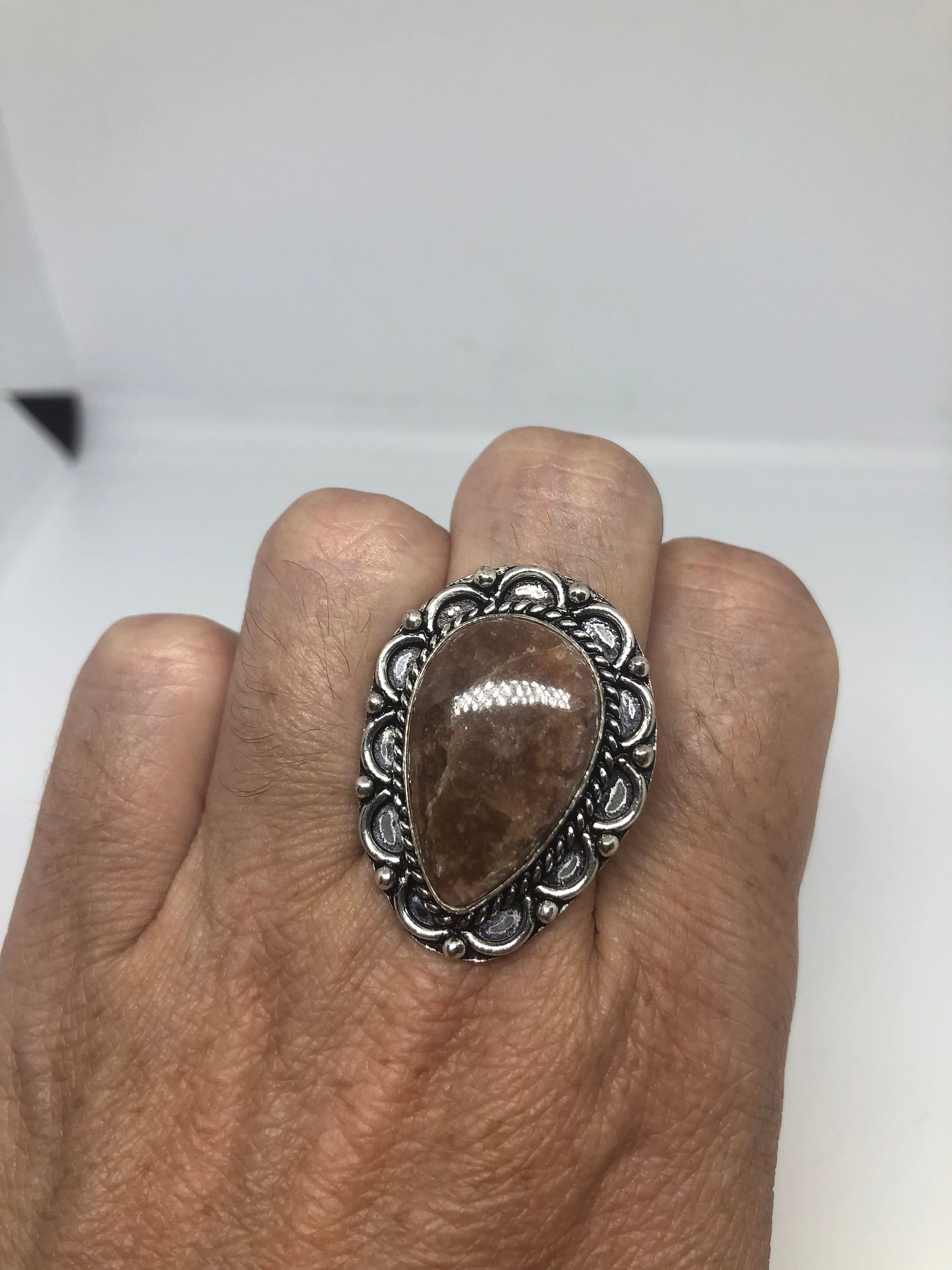 Vintage Handmade Sandstone agate White Bronze Silver Gothic Ring