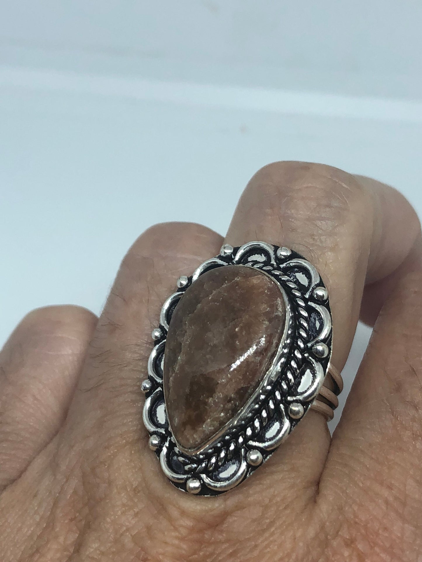 Vintage Handmade Sandstone agate White Bronze Silver Gothic Ring