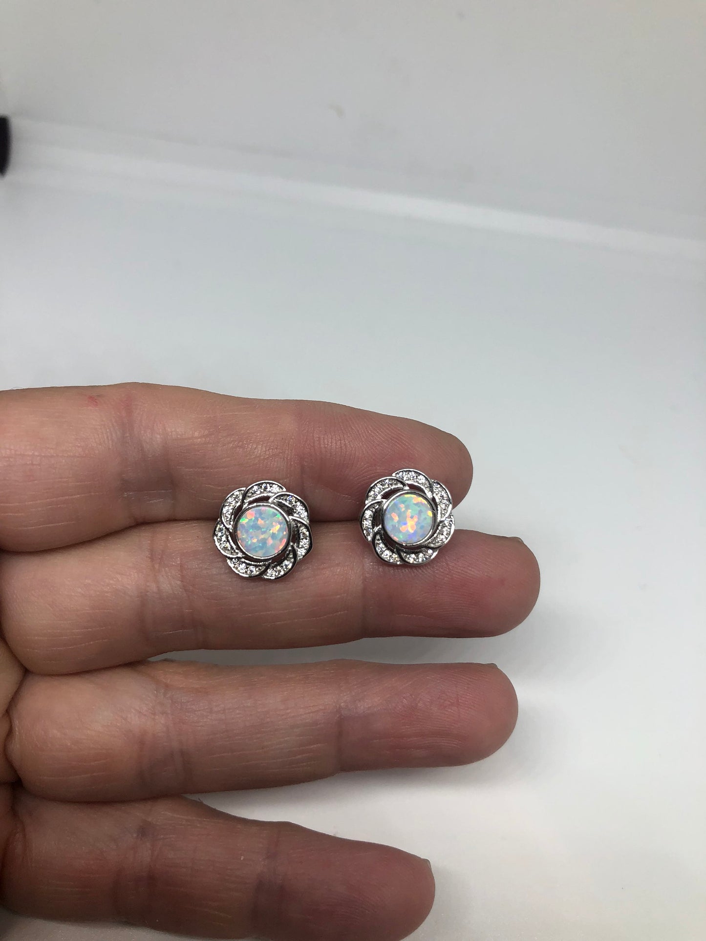 Vintage White Opal Earrings 925 Sterling Silver stud button