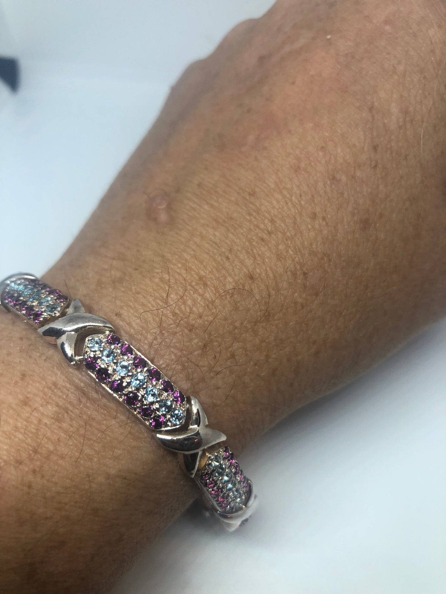 Handmade Genuine Blue Topaz Pink tourmaline 925 Sterling Silver Tennis Bracelet