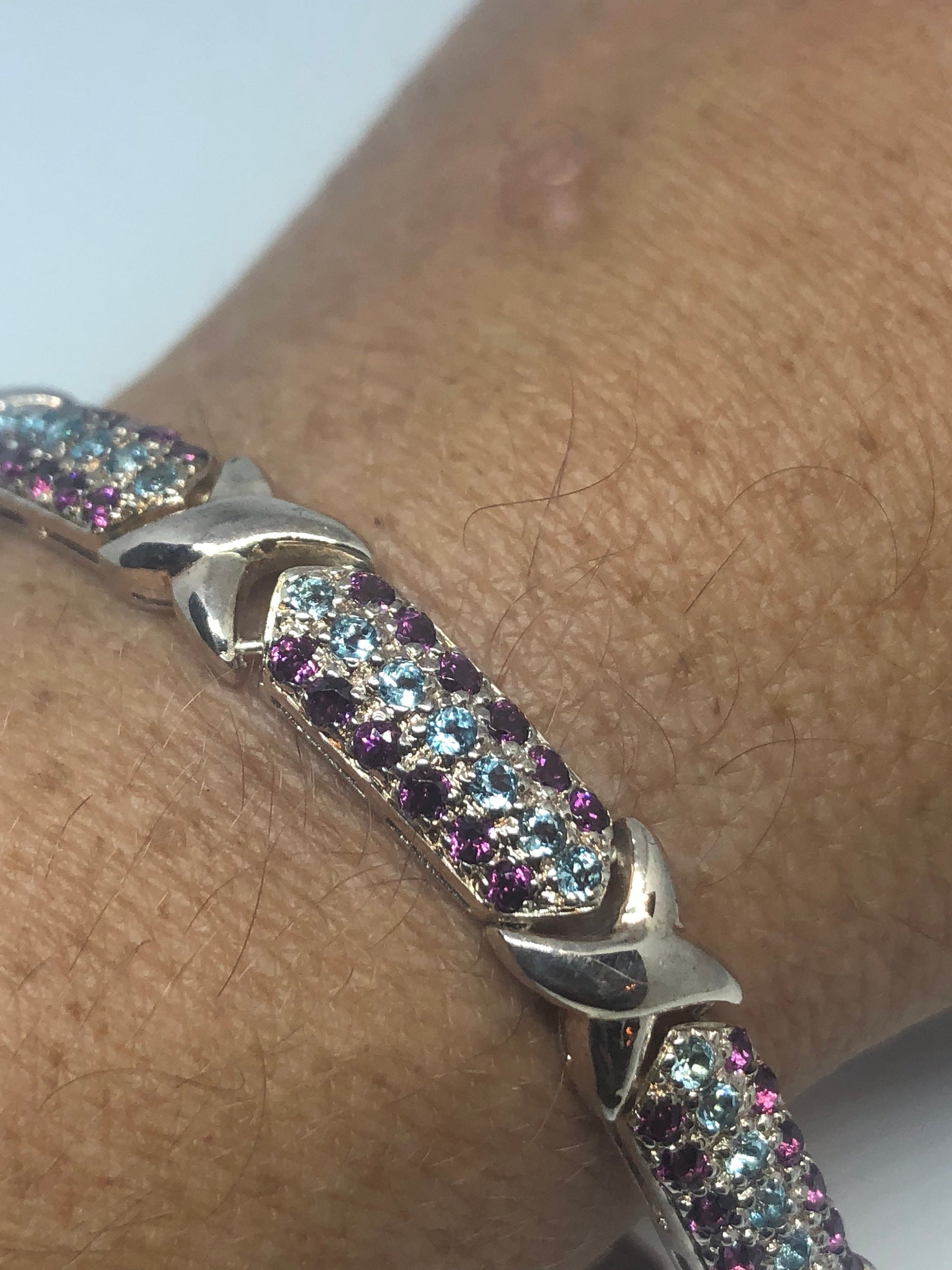 Handmade Genuine Blue Topaz Pink tourmaline 925 Sterling Silver Tennis Bracelet