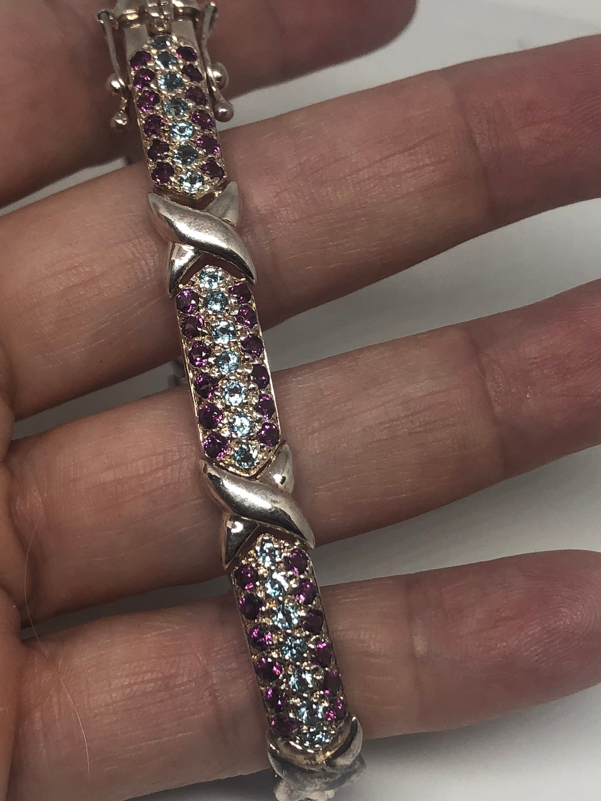 Handmade Genuine Blue Topaz Pink tourmaline 925 Sterling Silver Tennis Bracelet