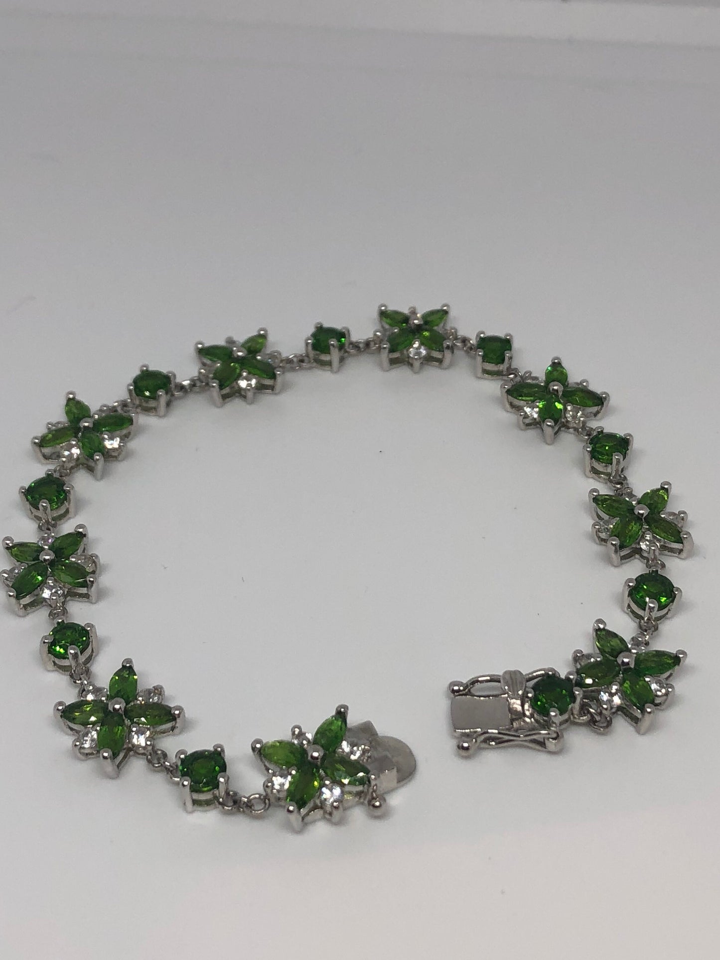 Vintage Victorian Style Sterling Silver Filigree Green Chrome Diopside Bracelet