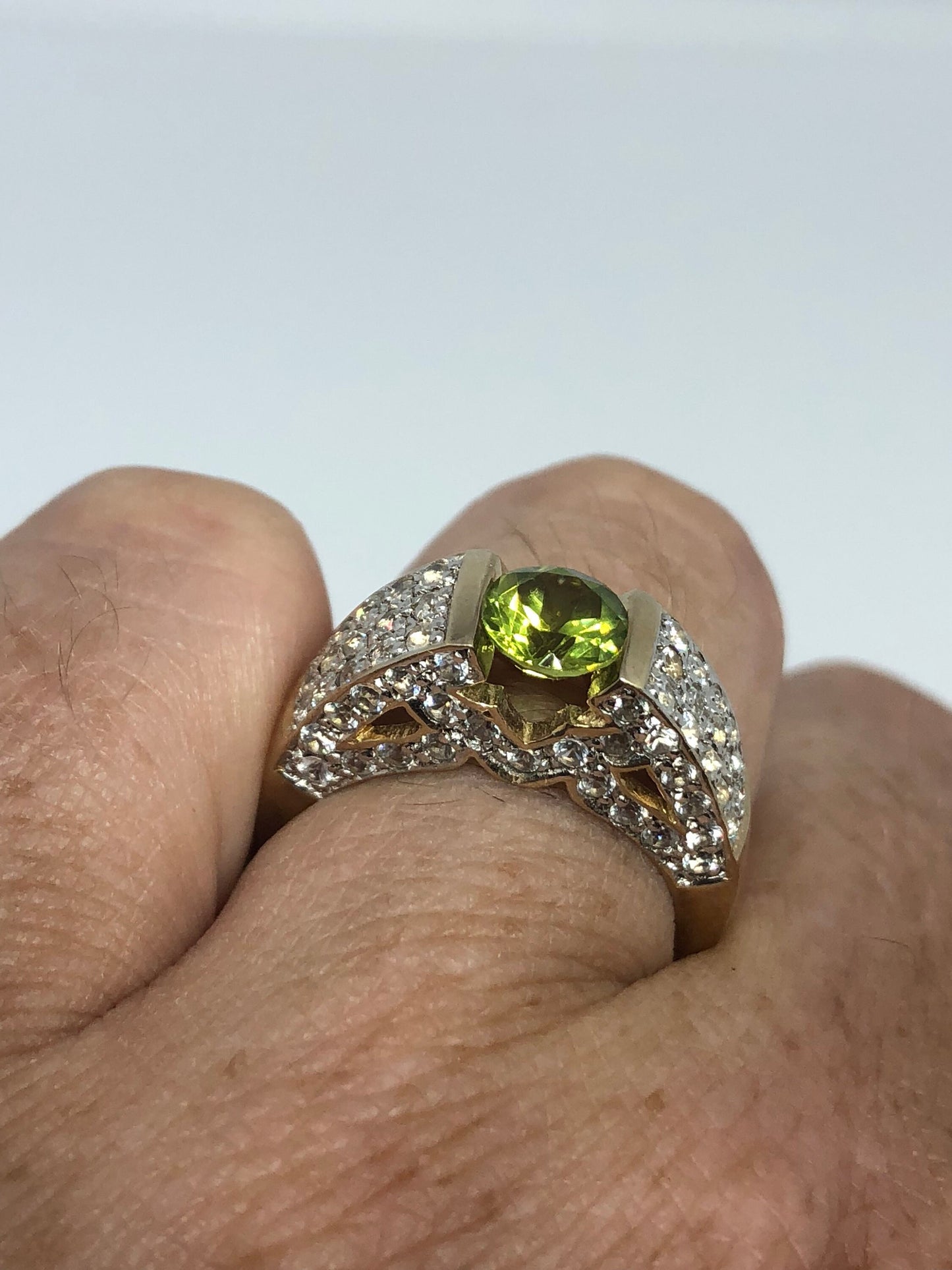 Vintage Handmade Genuine Green Peridot Filigree Setting Golden 925 Sterling Silver Gothic Ring