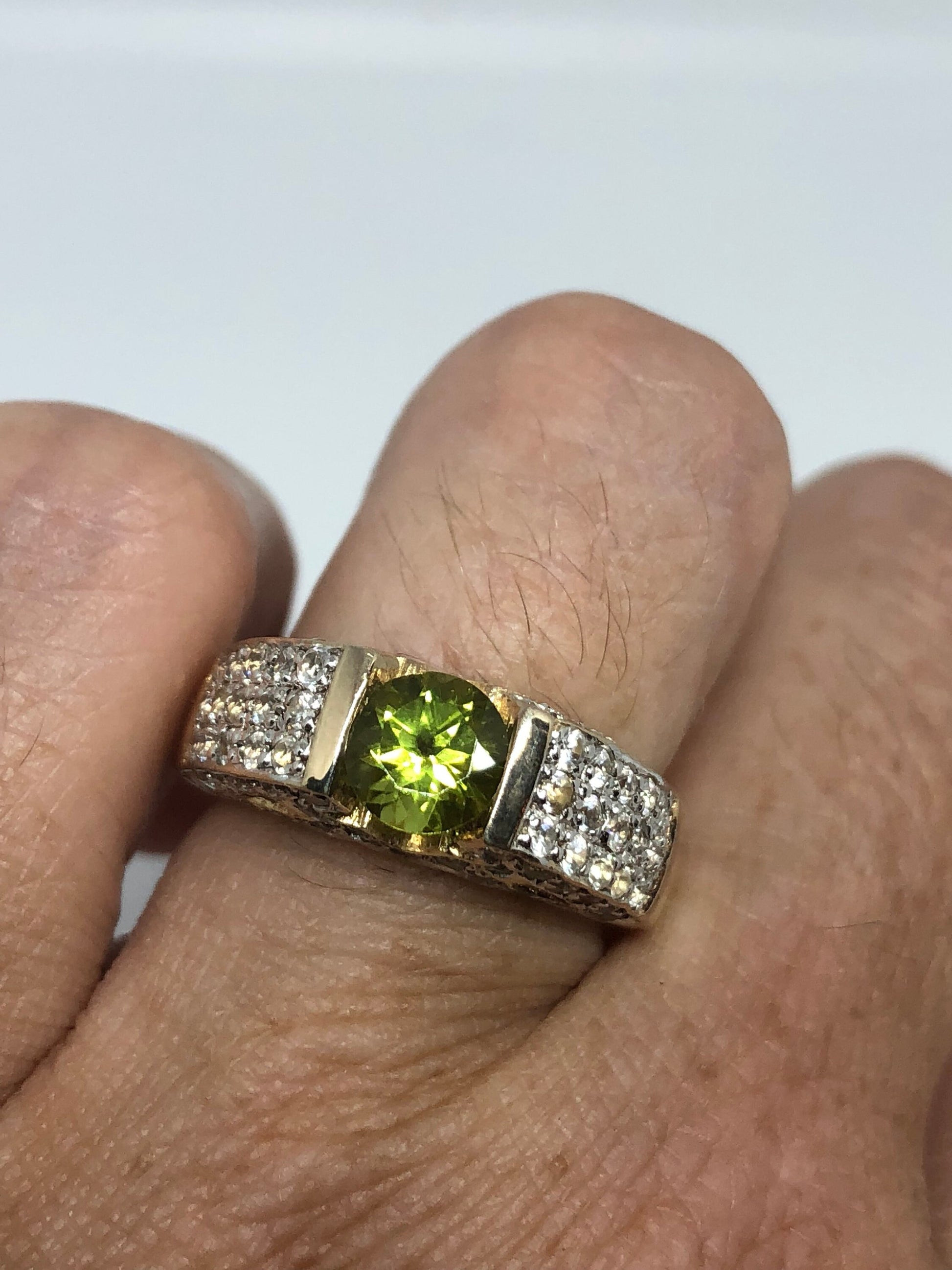 Vintage Handmade Genuine Green Peridot Filigree Setting Golden 925 Sterling Silver Gothic Ring