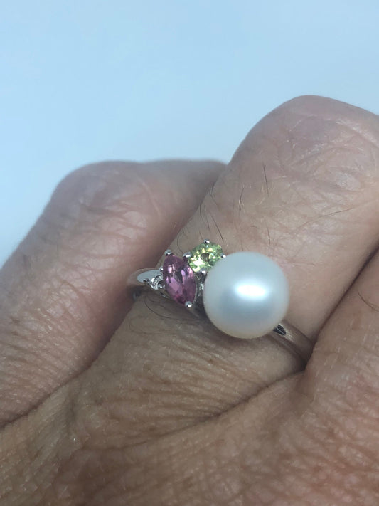 Vintage Handmade Genuine Watermelon and Cultured Pearl Tourmaline 925 Sterling Silver Ring