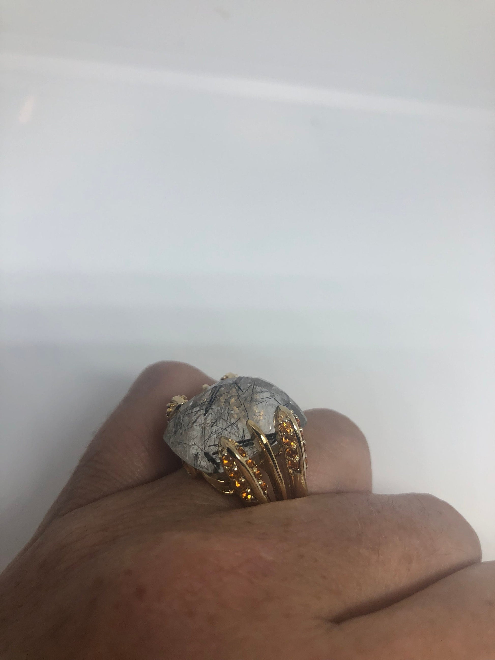 Vintage Handmade Genuine Quartz Tourmaline Golden 925 Sterling Silver Ring