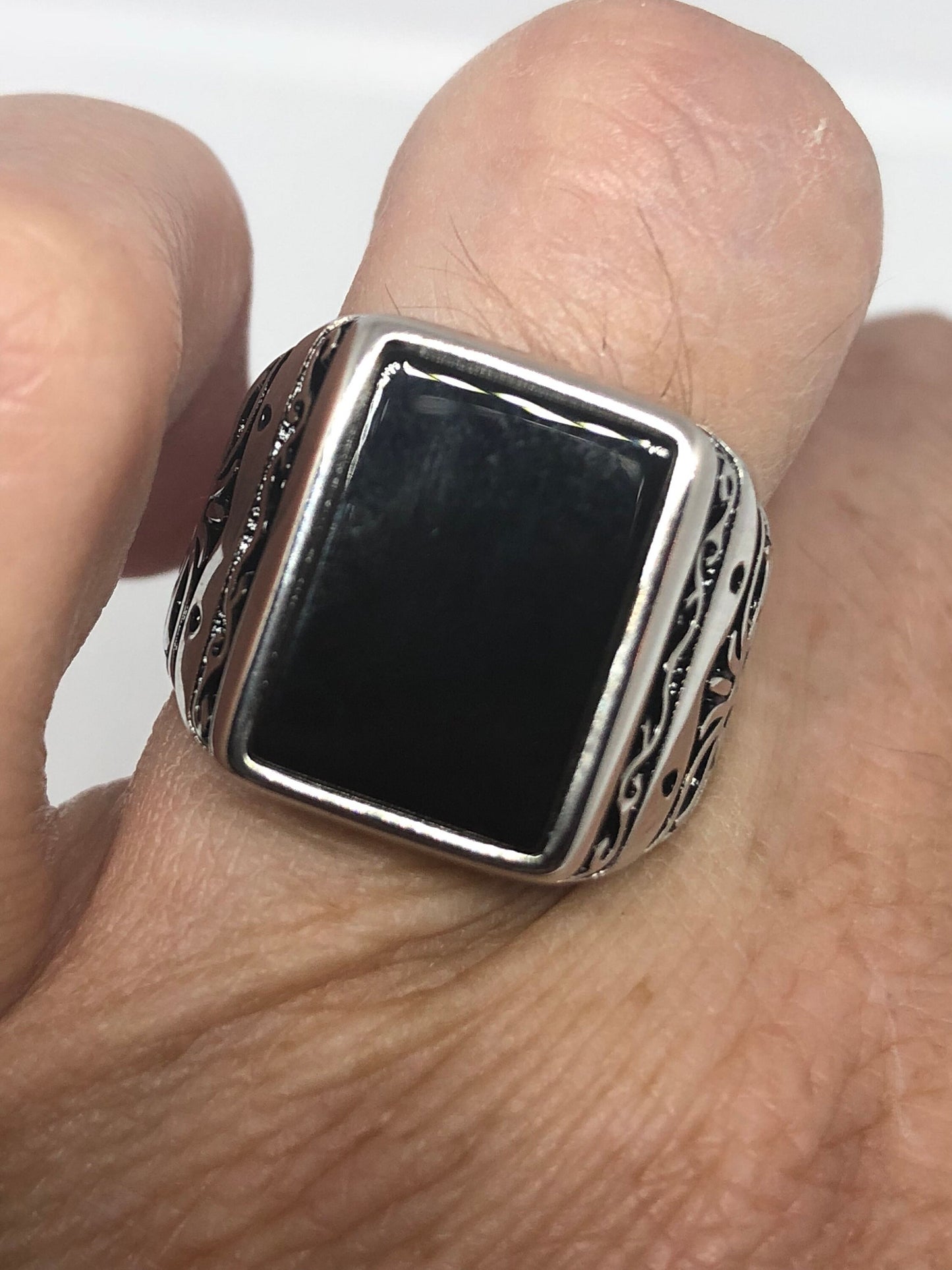 Vintage Deco Onyx Mens Ring 925 Sterling Silver