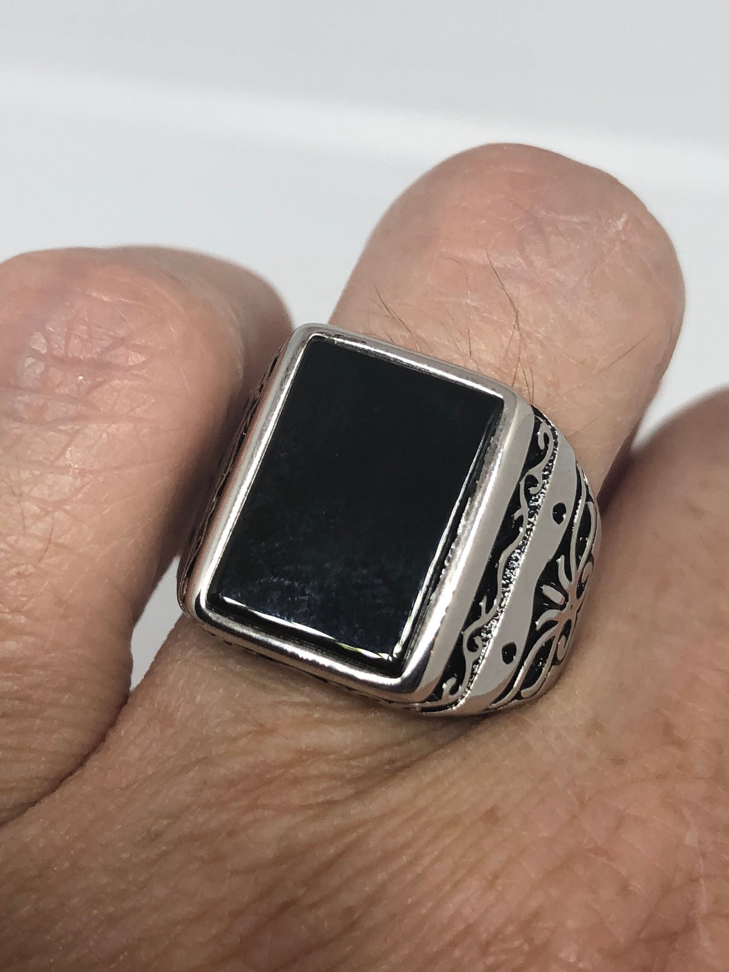 Vintage Deco Onyx Mens Ring 925 Sterling Silver