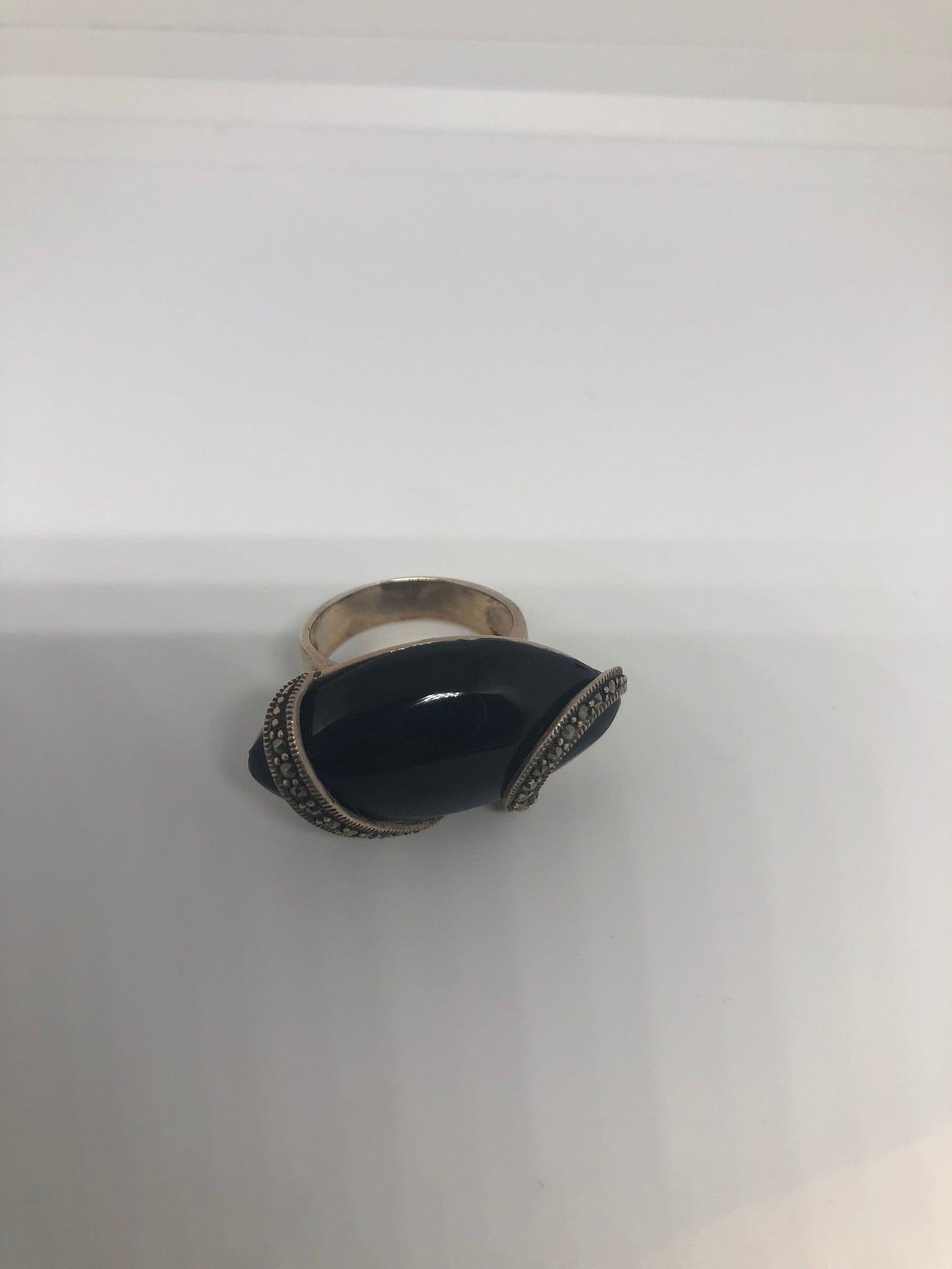 Vintage Genuine Black Onyx Silver Marcasite Ring