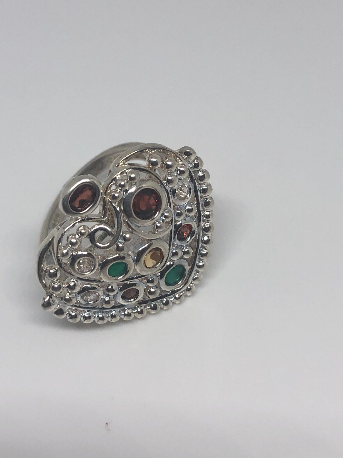 Vintage Bohemian Garnet Citrine Emerald White Sapphire 925 Sterling Silver Ring