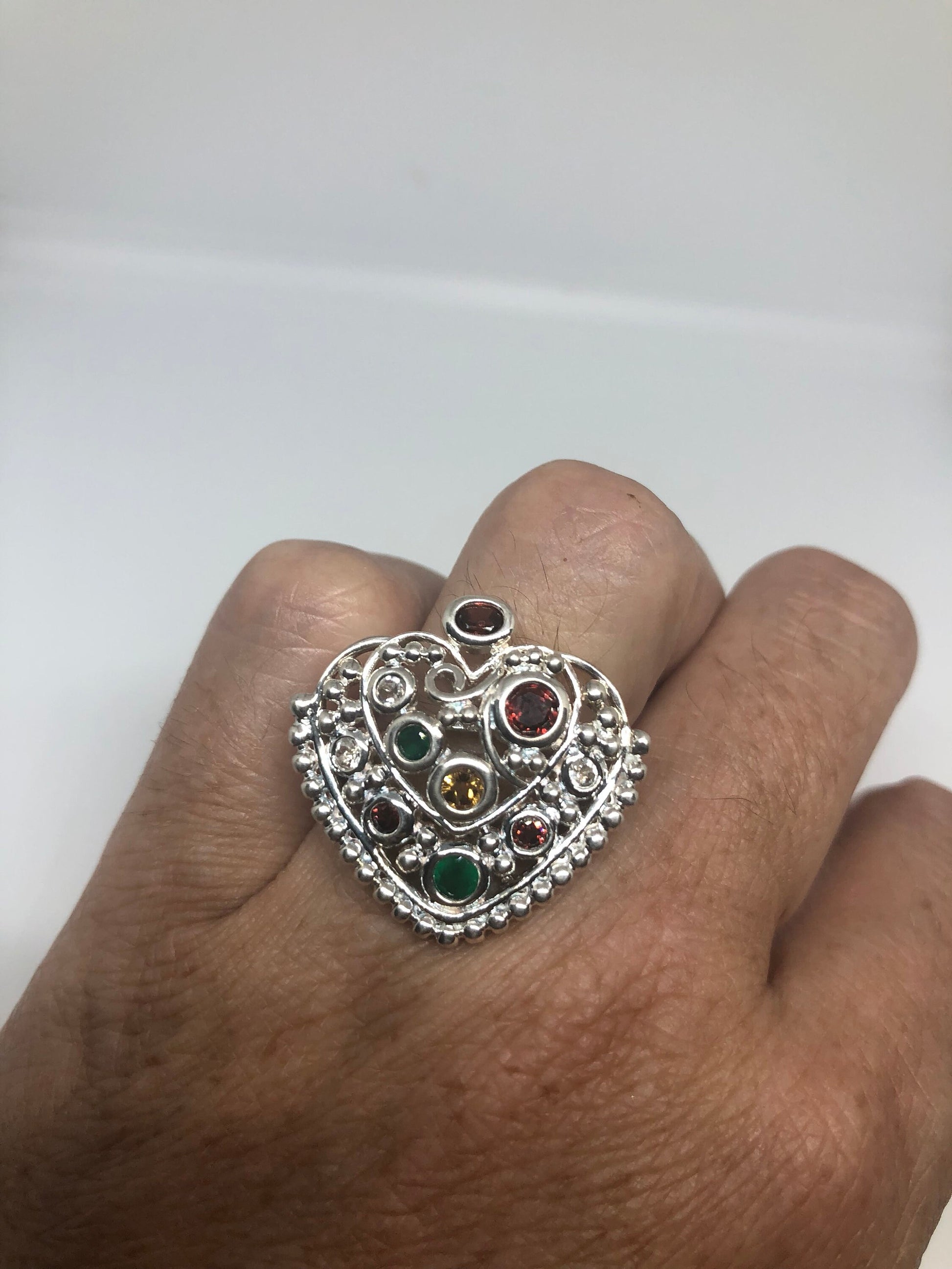 Vintage Bohemian Garnet Citrine Emerald White Sapphire 925 Sterling Silver Ring