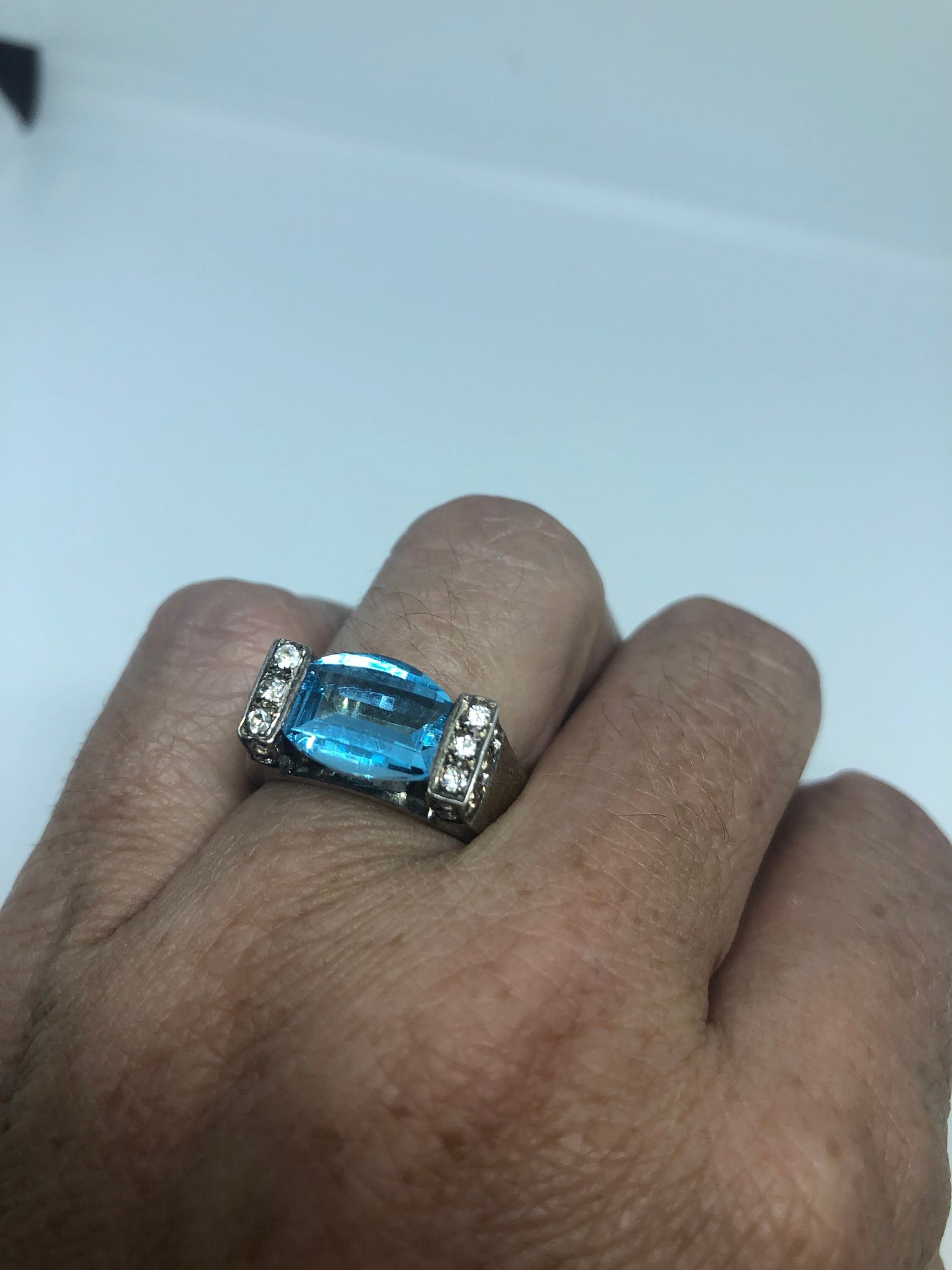 Vintage Genuine Blue Topaz and White Sapphire 925 Sterling Silver Rhodium Ring