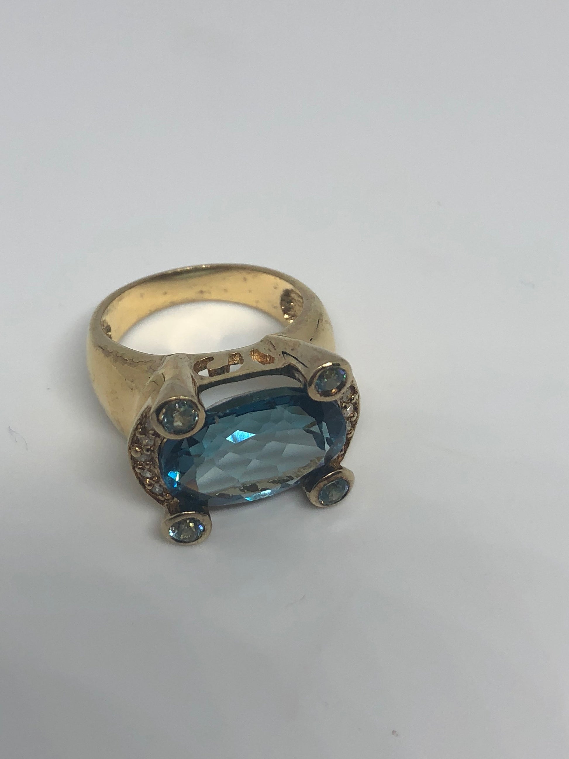 Vintage Genuine Blue Topaz and White Sapphire Golden 925 Sterling Silver Rhodium Ring