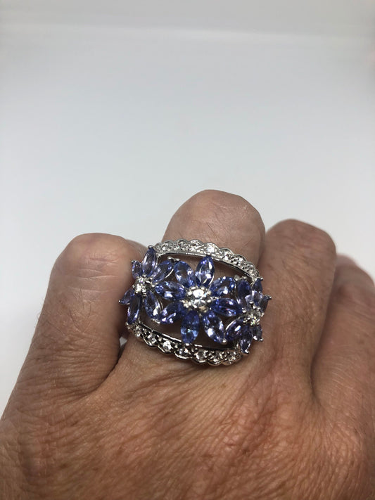 Vintage Handmade Genuine Blue tanzanite White Sapphire 925 Sterling Silver Gothic Ring