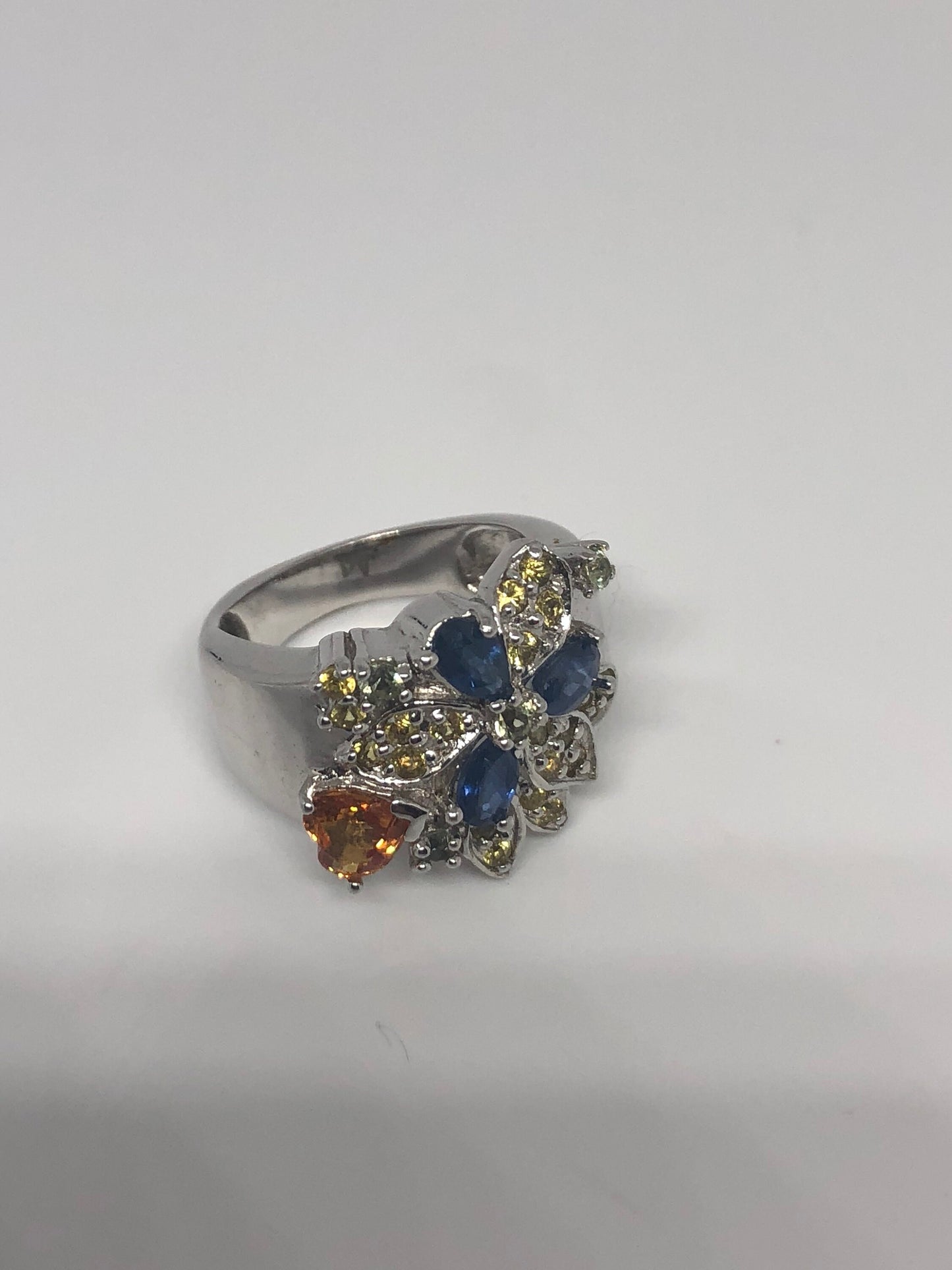 Vintage Handmade Deep Blue Sapphire Citrine Setting 925 Sterling Silver Gothic Ring