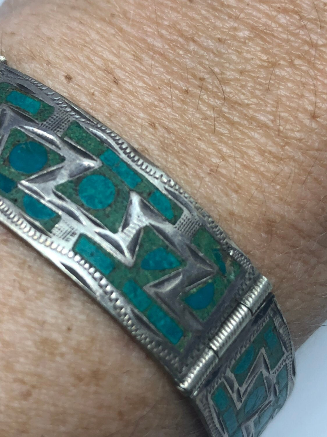 Vintage Southwestern 925 Sterling Silver Inlay Turquoise Bracelet