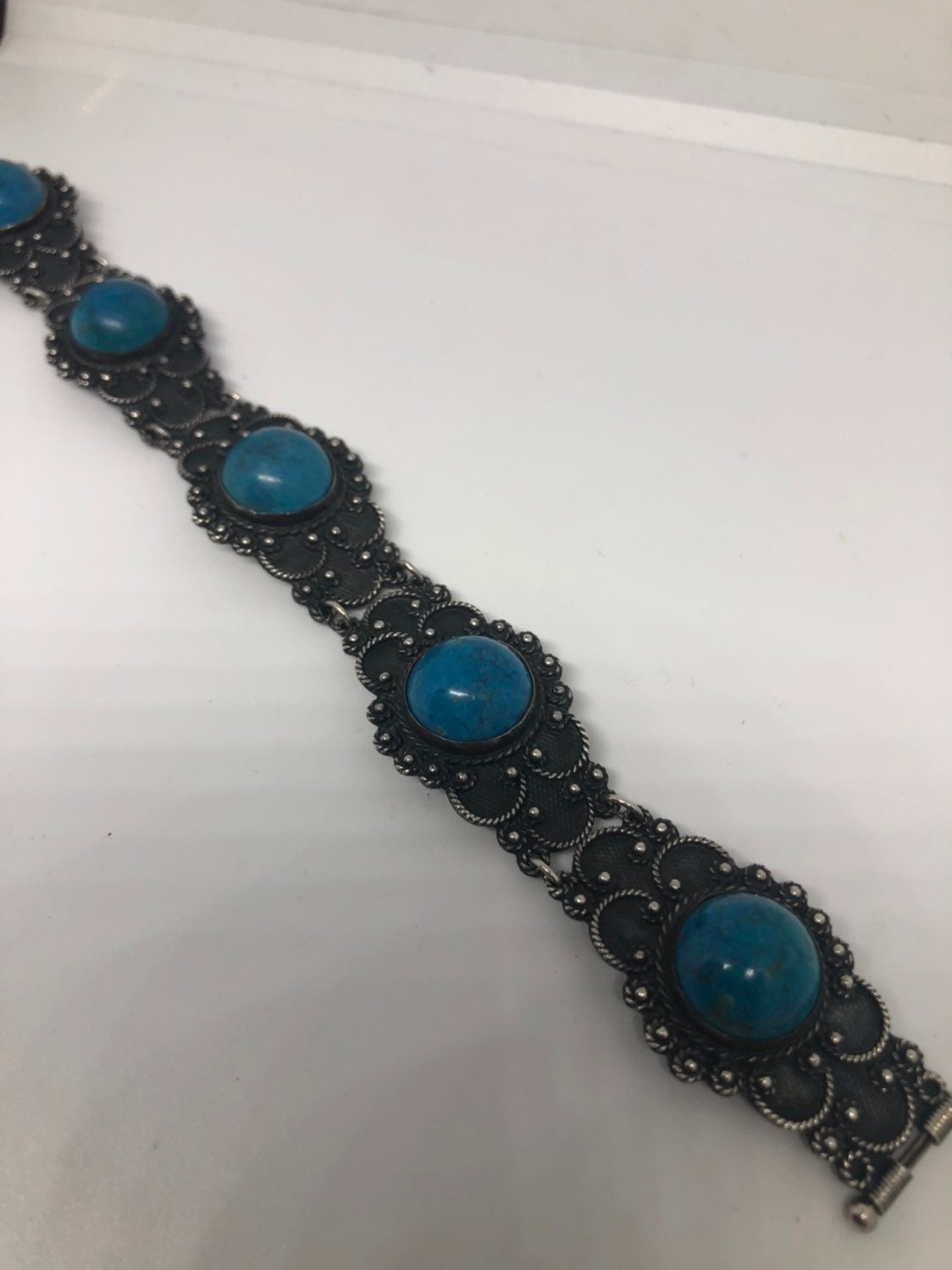 Vintage Victorian 925 Sterling Silver Inlay Turquoise Howlte Statement Bracelet