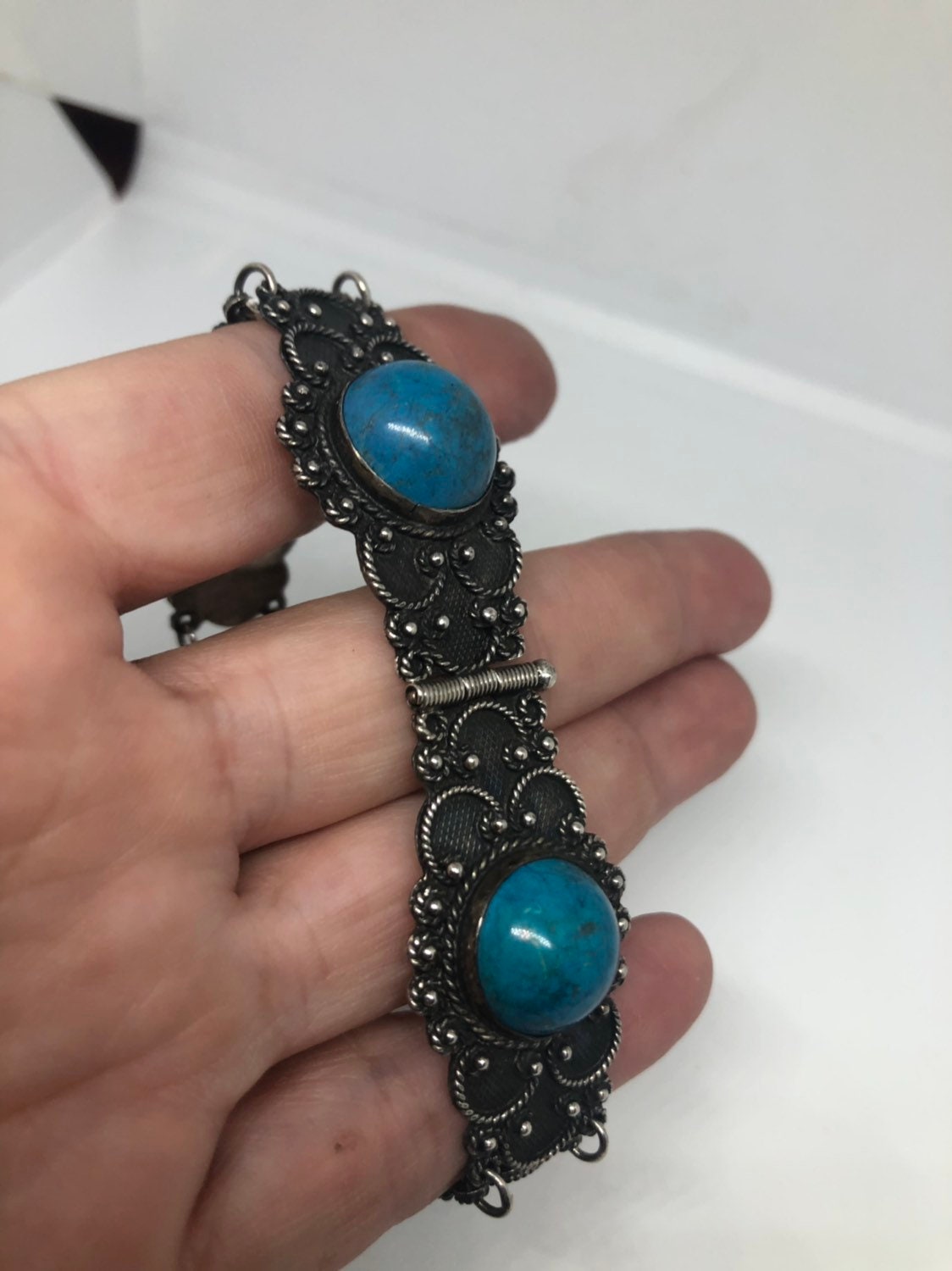 Vintage Victorian 925 Sterling Silver Inlay Turquoise Howlte Statement Bracelet