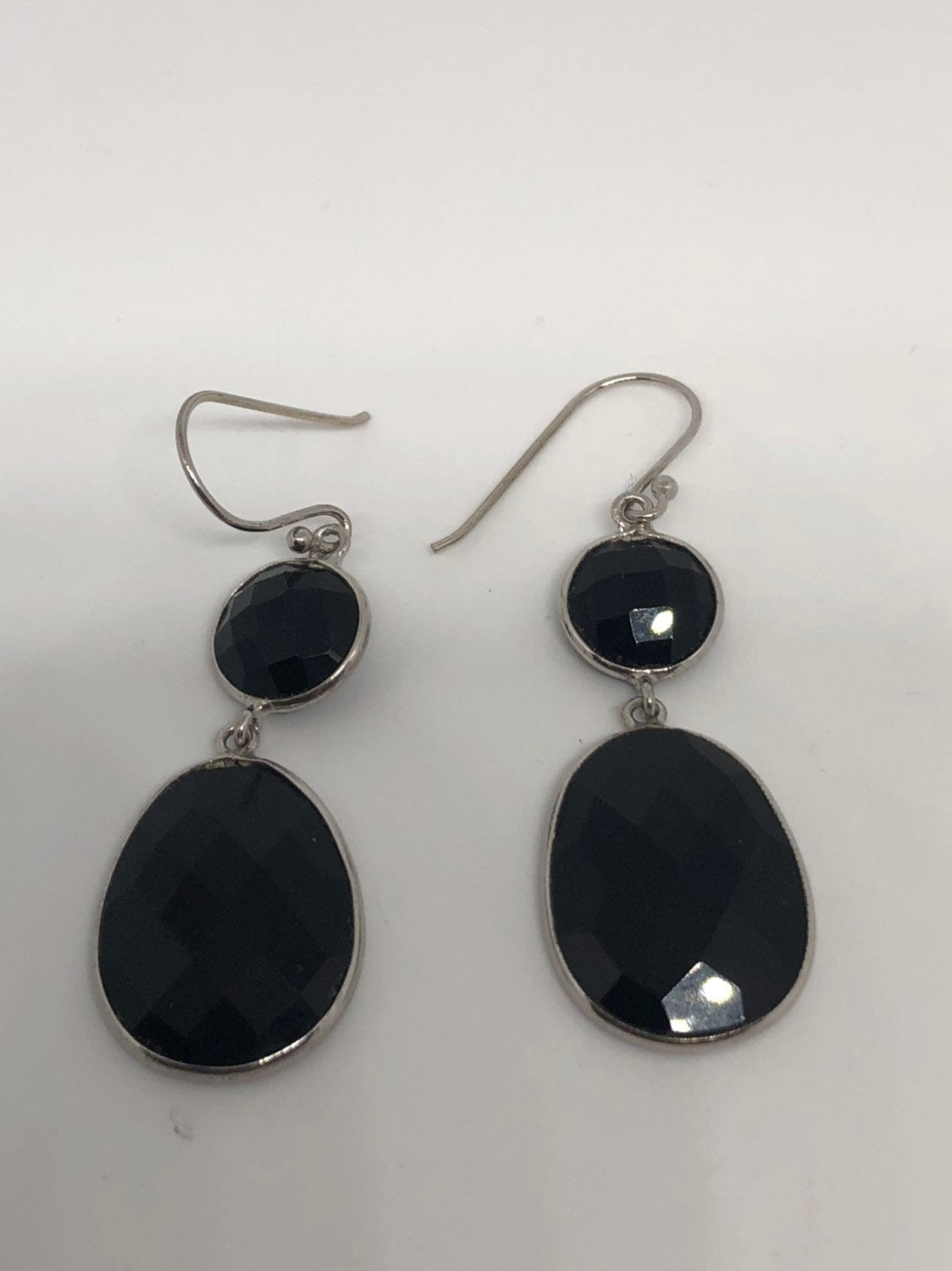 Vintage Genuine Faceted Black Onyx 925 Sterling Silver Deco Dangle Earrings