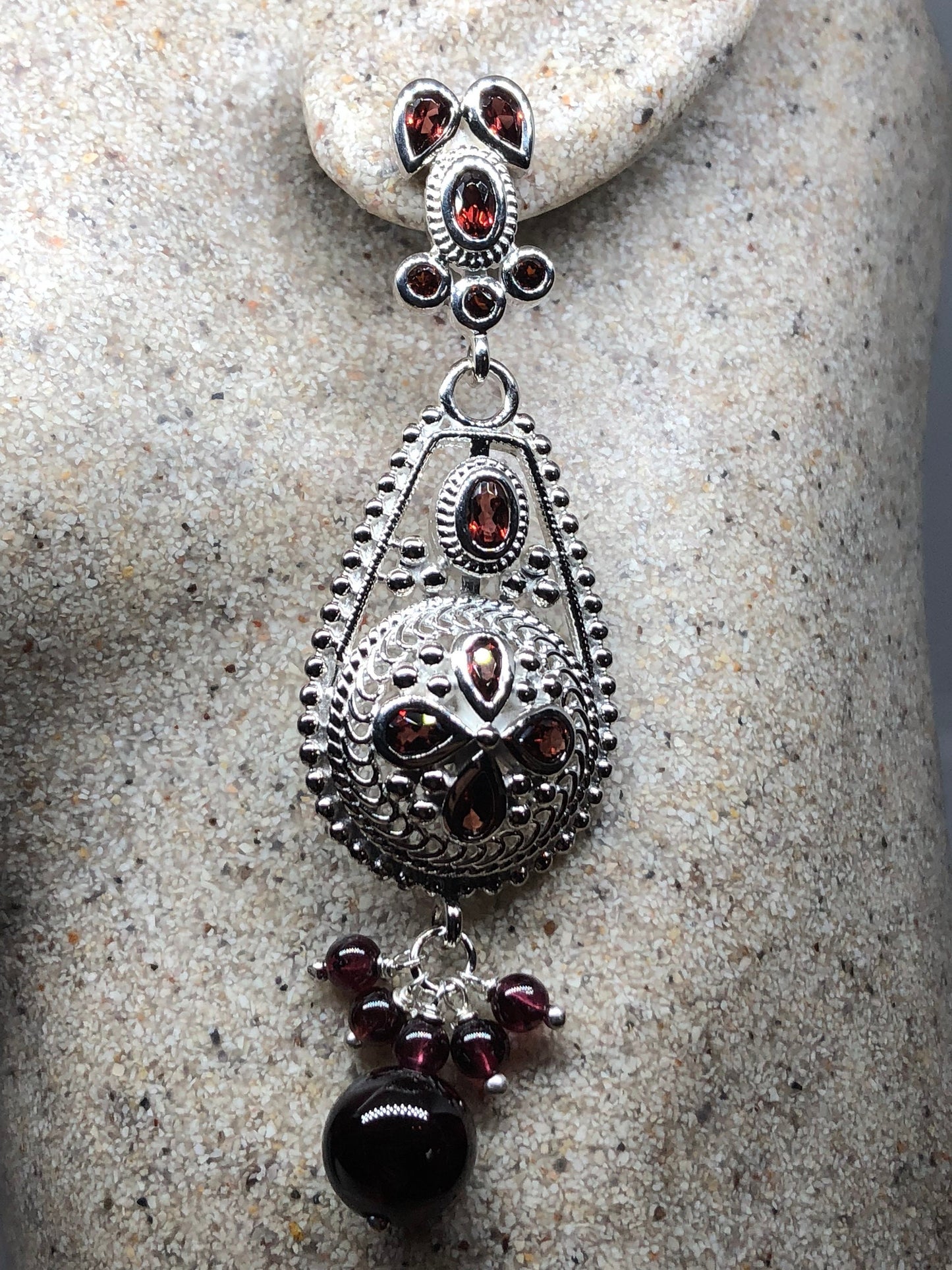 Vintage 925 Sterling Silver Bohemian Garnet Dangle Chandelier Earrings
