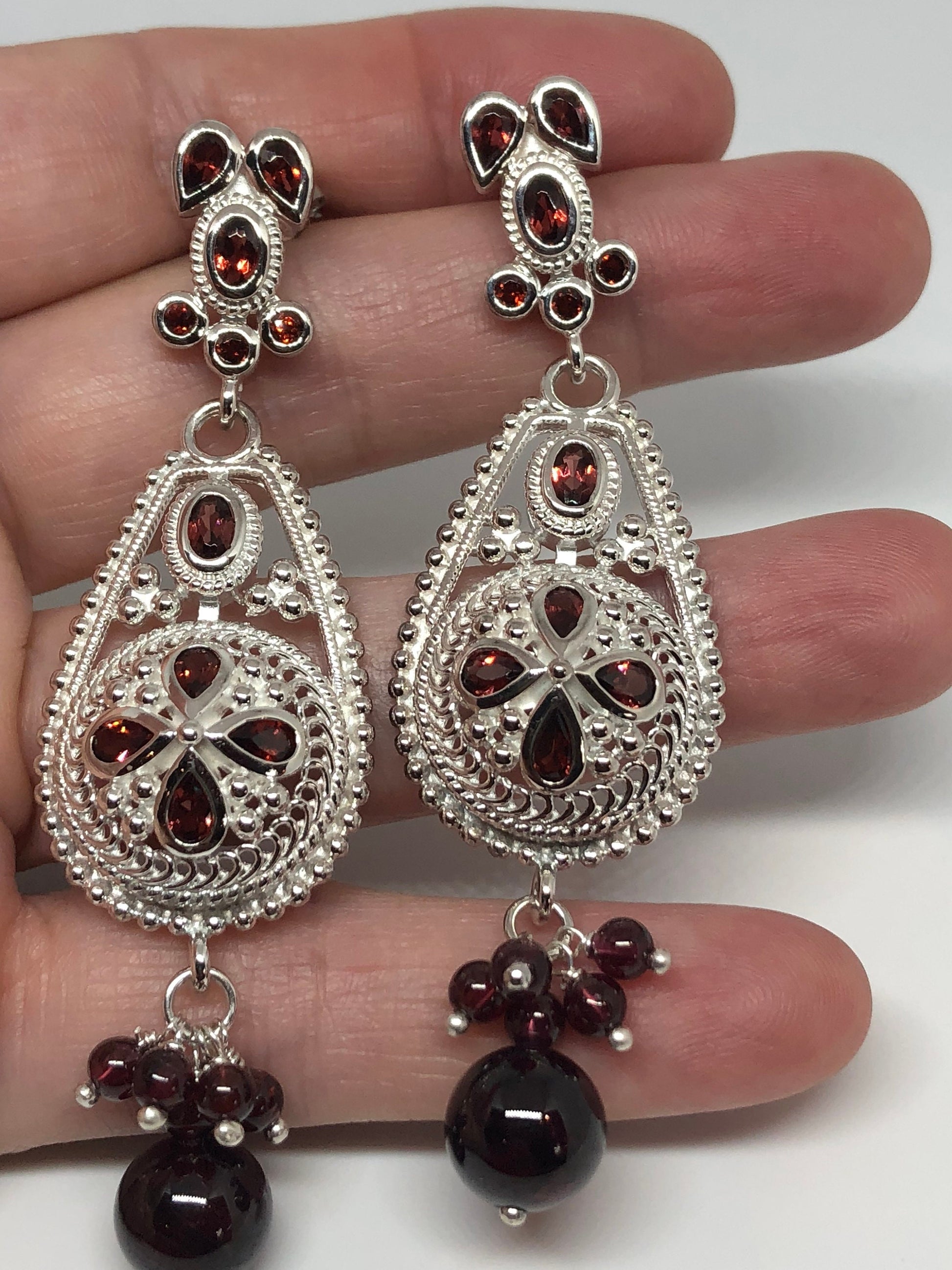 Vintage 925 Sterling Silver Bohemian Garnet Dangle Chandelier Earrings