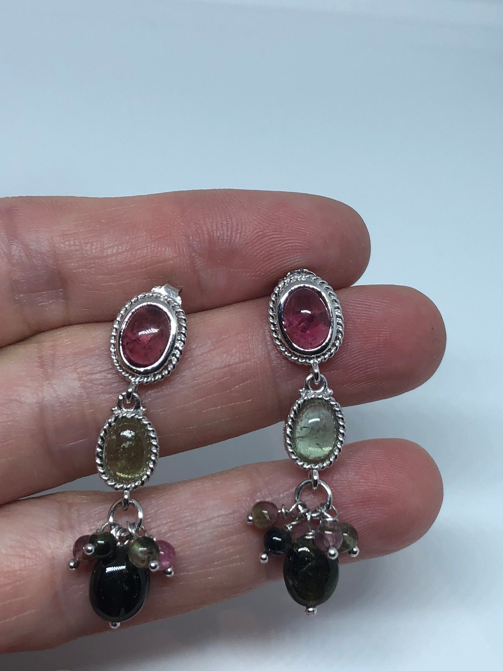 Vintage Genuine Watermelon Tourmaline Gemstone Filigree Sterling Silver Earrings