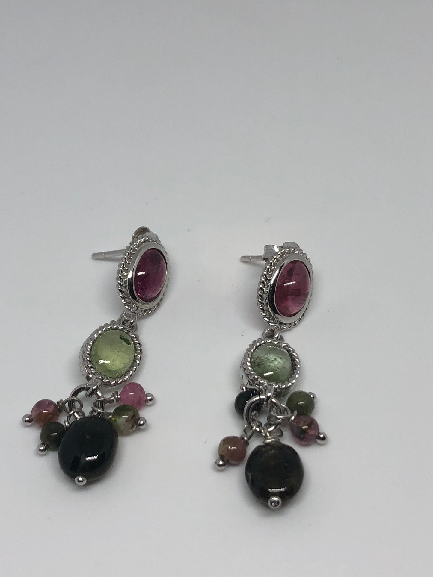 Vintage Genuine Watermelon Tourmaline Gemstone Filigree Sterling Silver Earrings