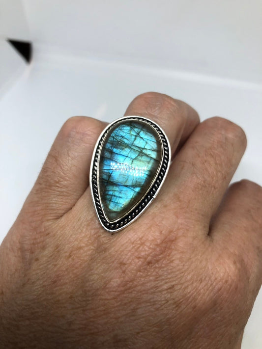 Vintage Large Labradorite Rainbow Moonstone Stone Silver Ring