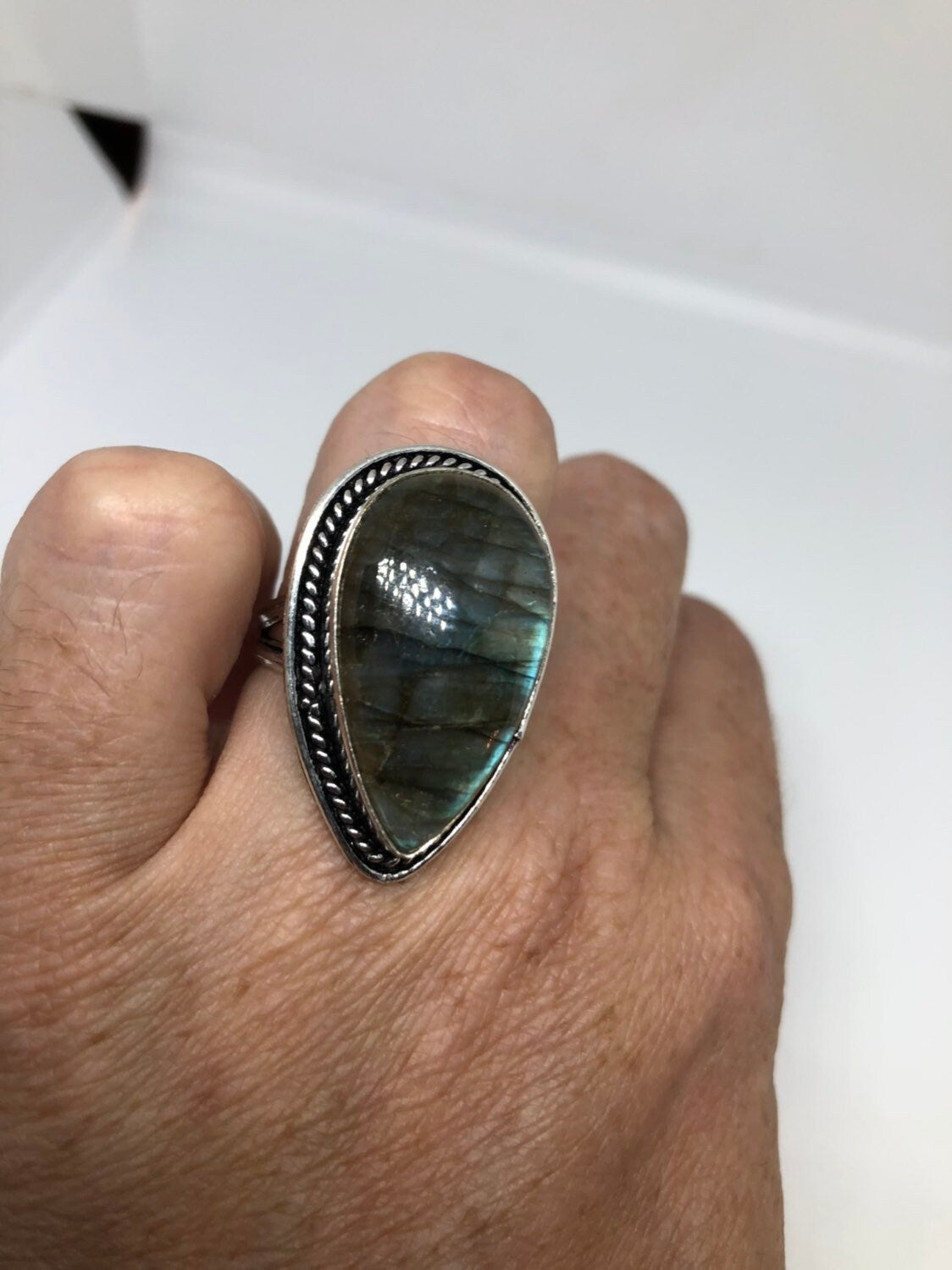 Vintage Large Labradorite Rainbow Moonstone Stone Silver Ring