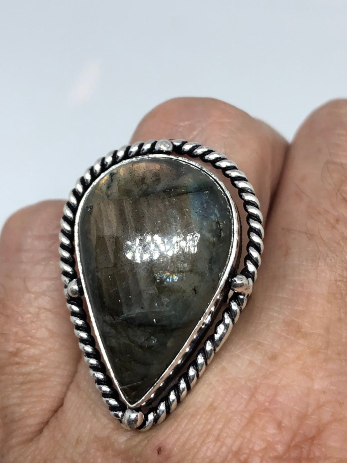 Vintage Large Labradorite Rainbow Moonstone Stone Silver Ring