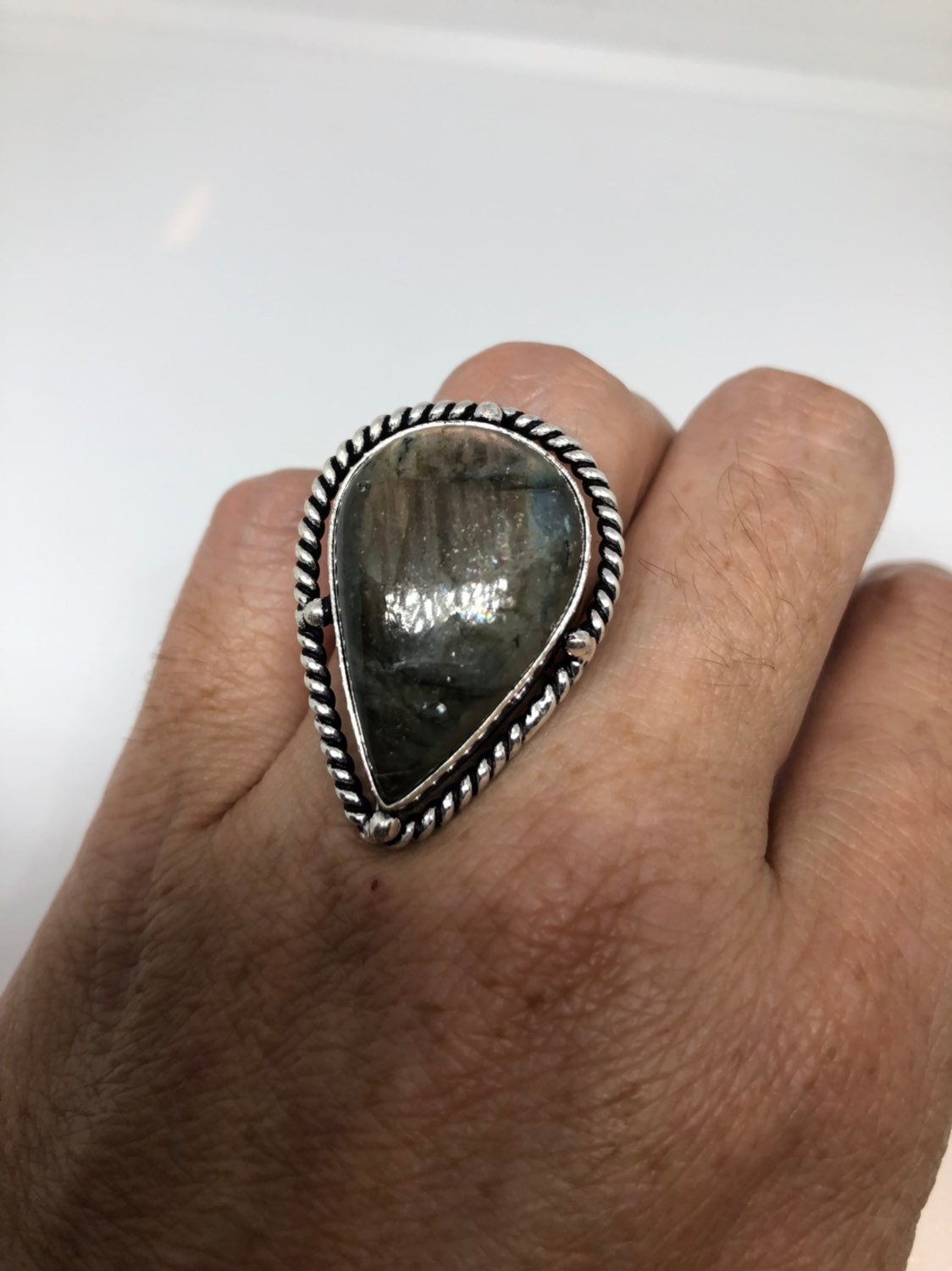 Vintage Large Labradorite Rainbow Moonstone Stone Silver Ring