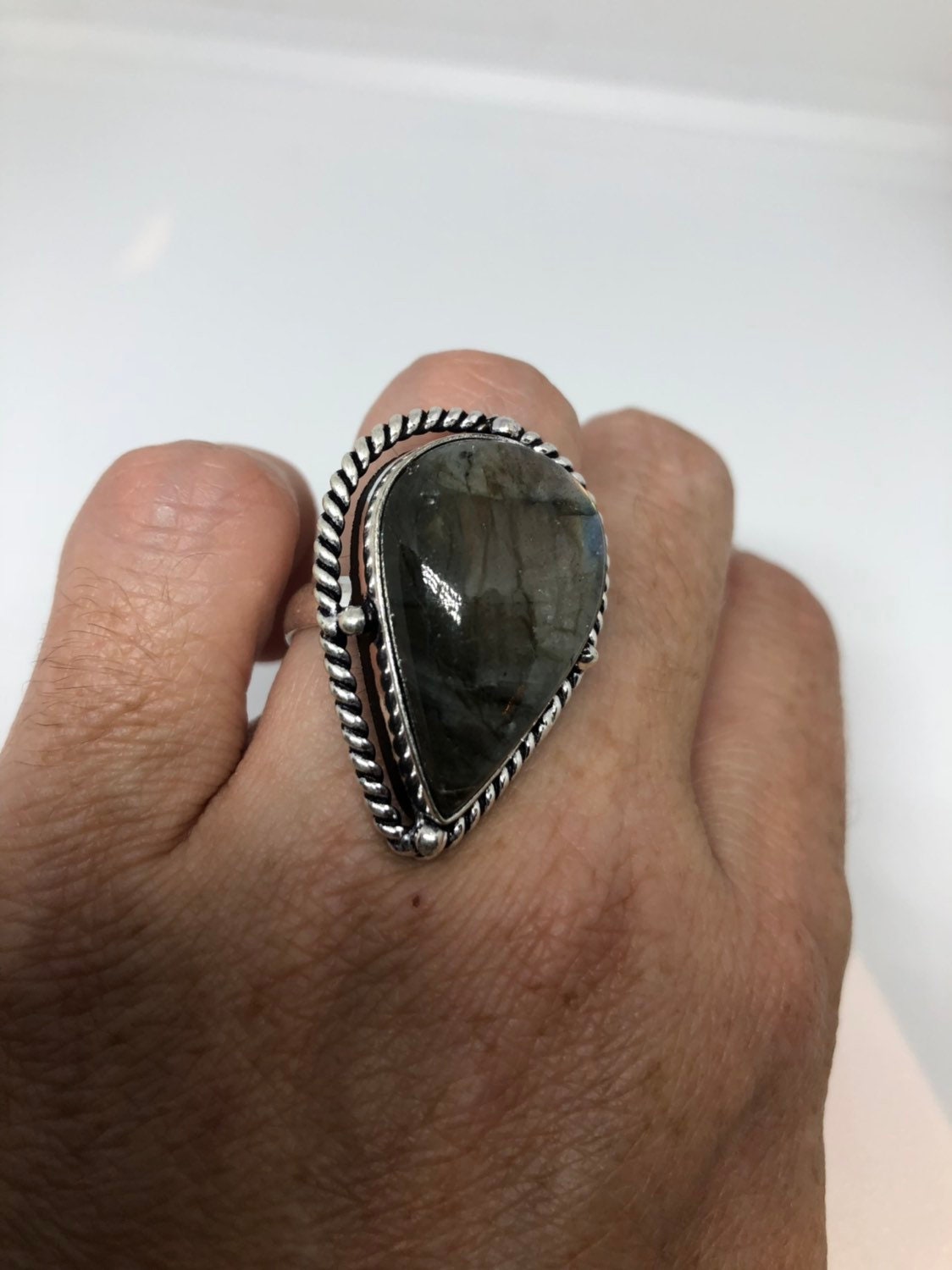 Vintage Large Labradorite Rainbow Moonstone Stone Silver Ring