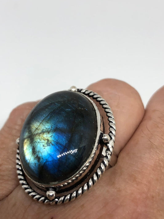 Vintage Large Labradorite Rainbow Moonstone Stone Silver Ring