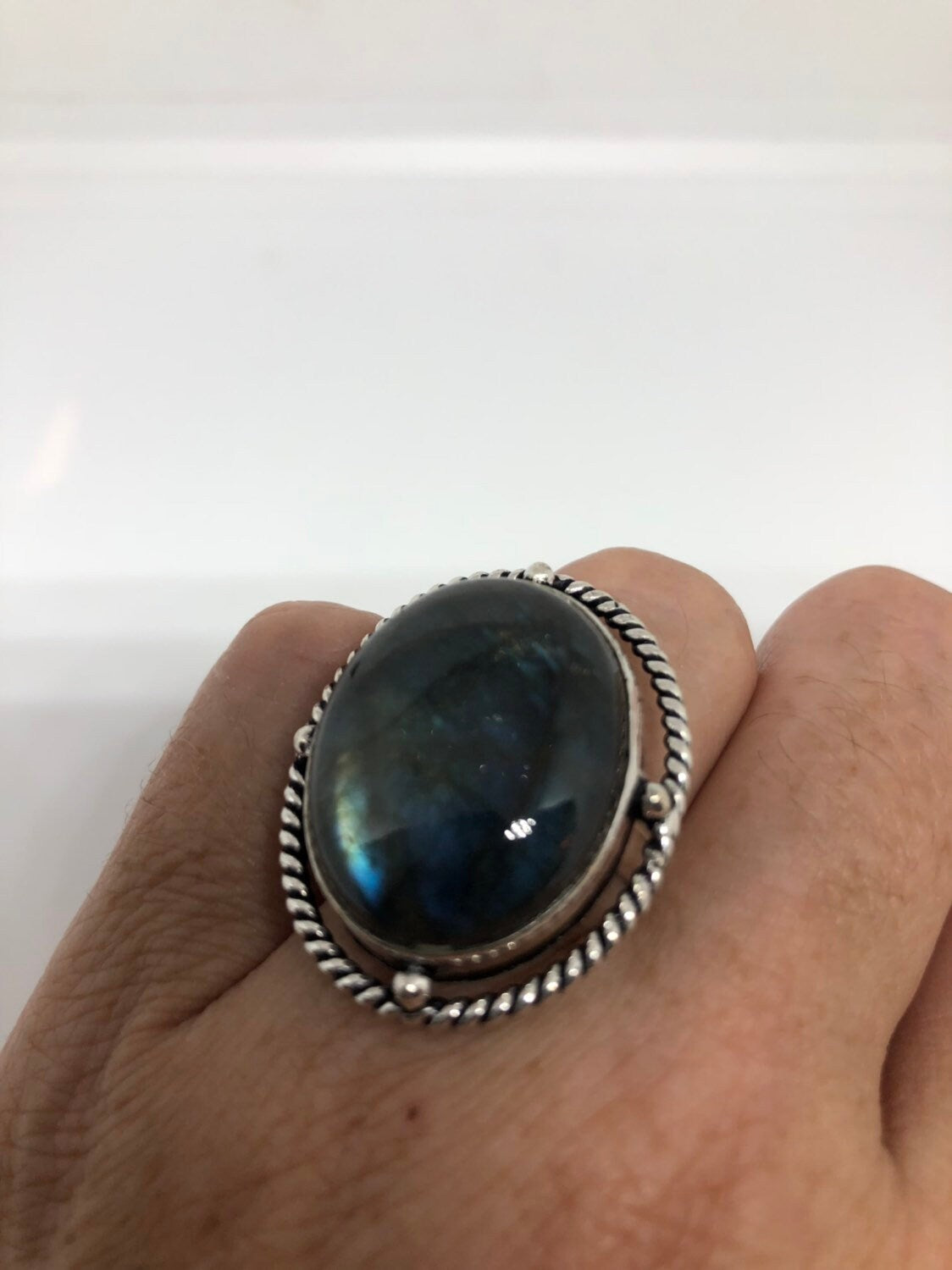 Vintage Large Labradorite Rainbow Moonstone Stone Silver Ring