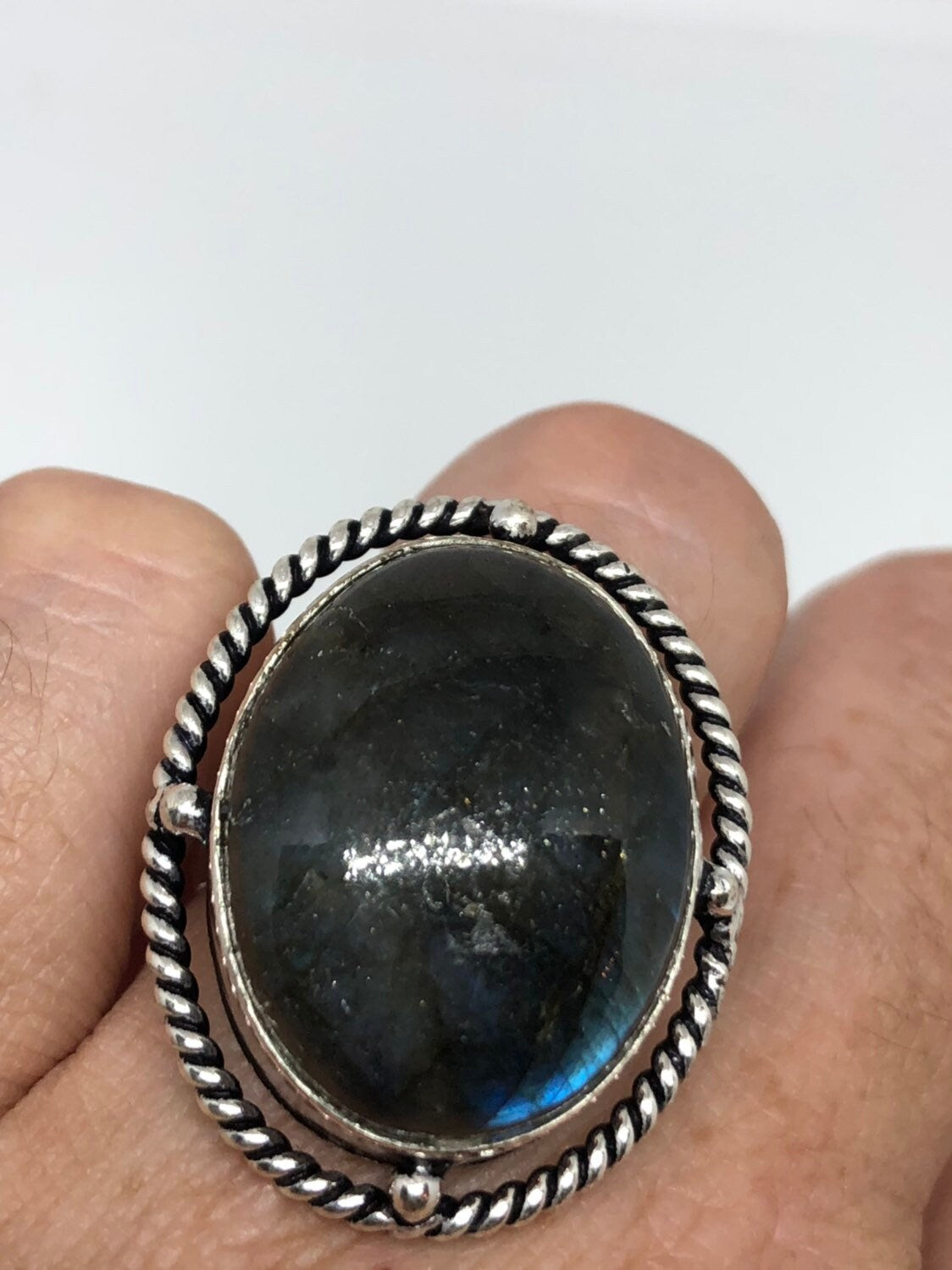 Vintage Large Labradorite Rainbow Moonstone Stone Silver Ring