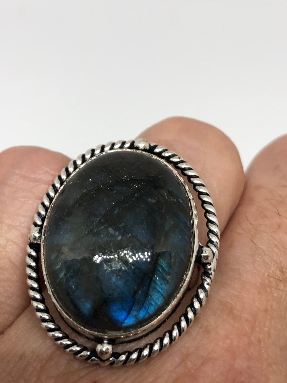 Vintage Large Labradorite Rainbow Moonstone Stone Silver Ring