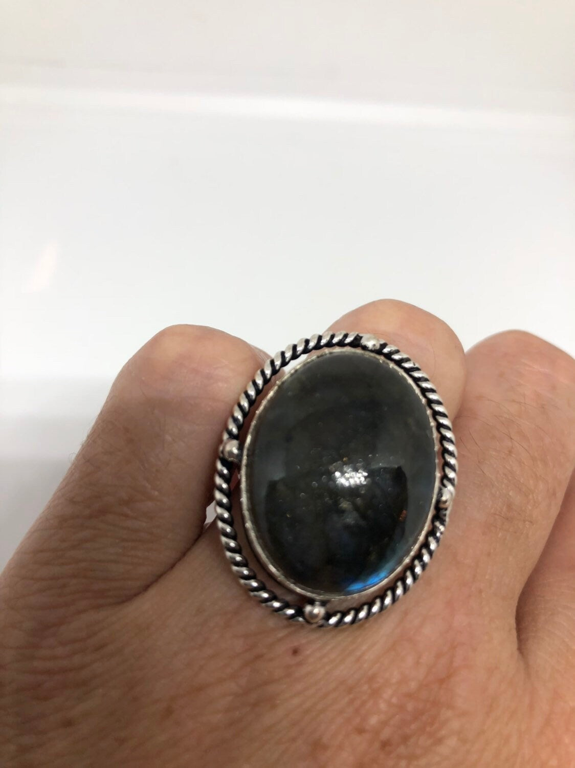 Vintage Large Labradorite Rainbow Moonstone Stone Silver Ring