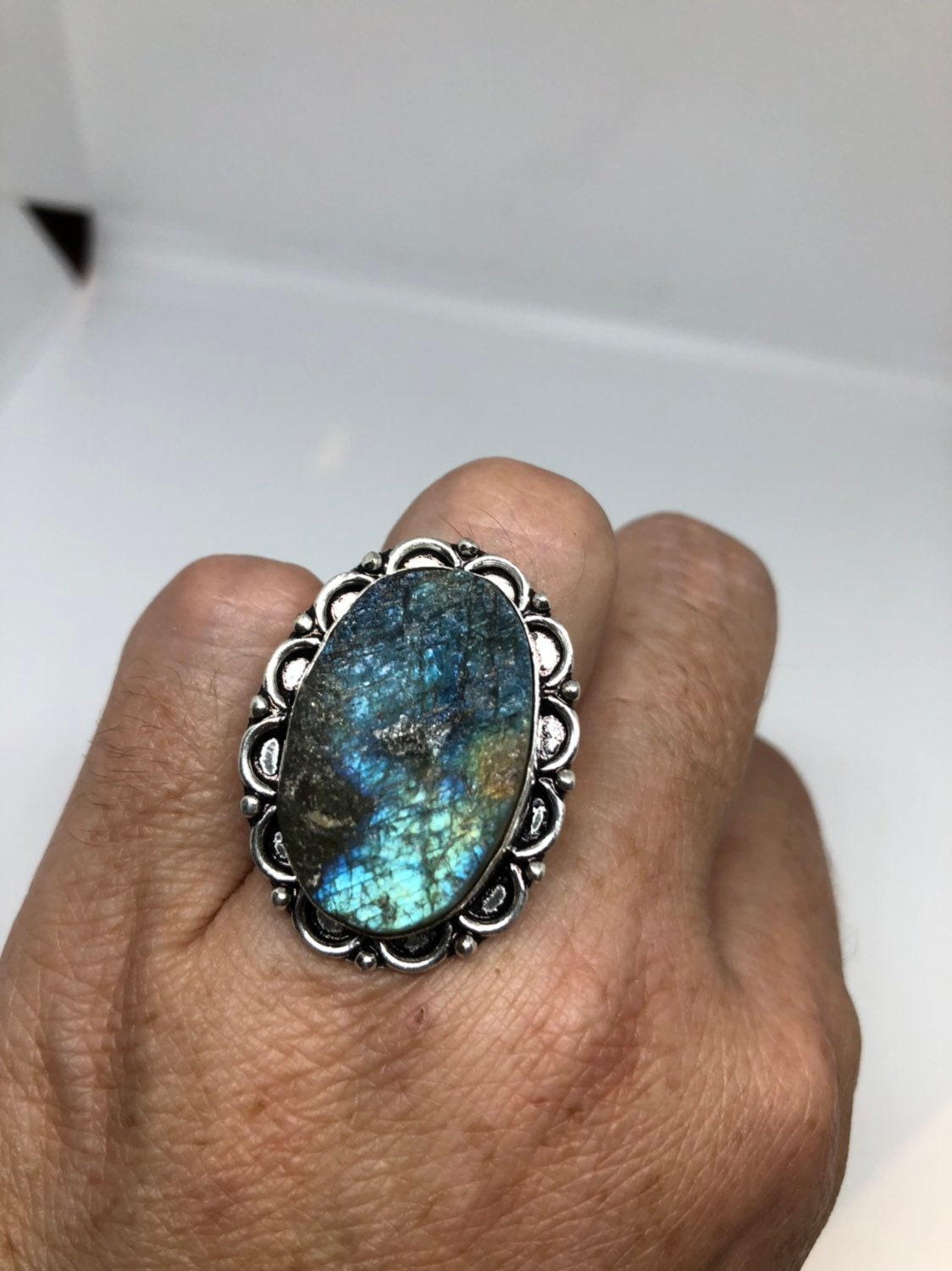 Vintage Large Labradorite Rainbow Moonstone Stone Silver Ring