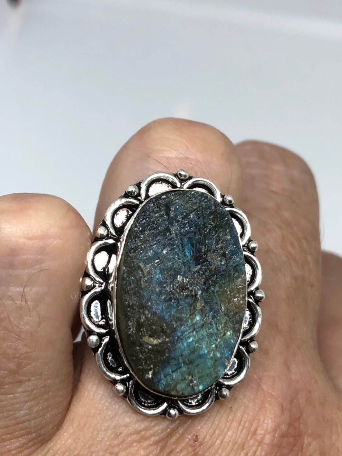 Vintage Large Labradorite Rainbow Moonstone Stone Silver Ring