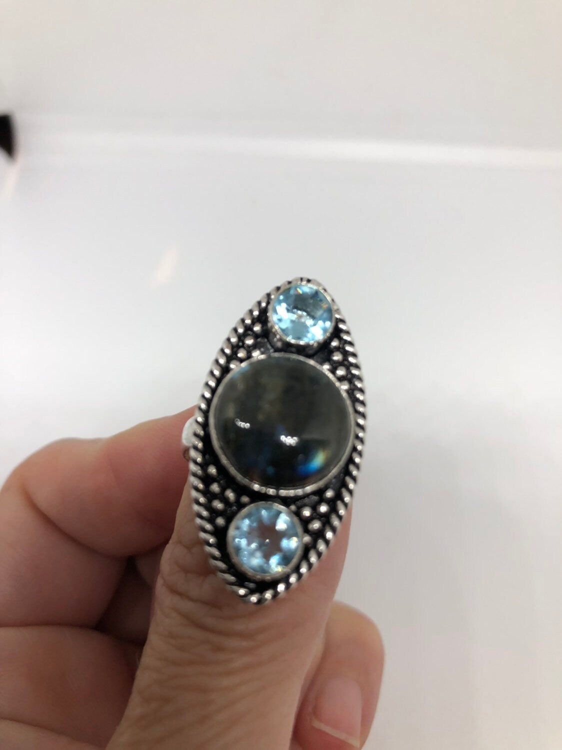 Vintage Large Labradorite Rainbow Moonstone Stone Silver Ring